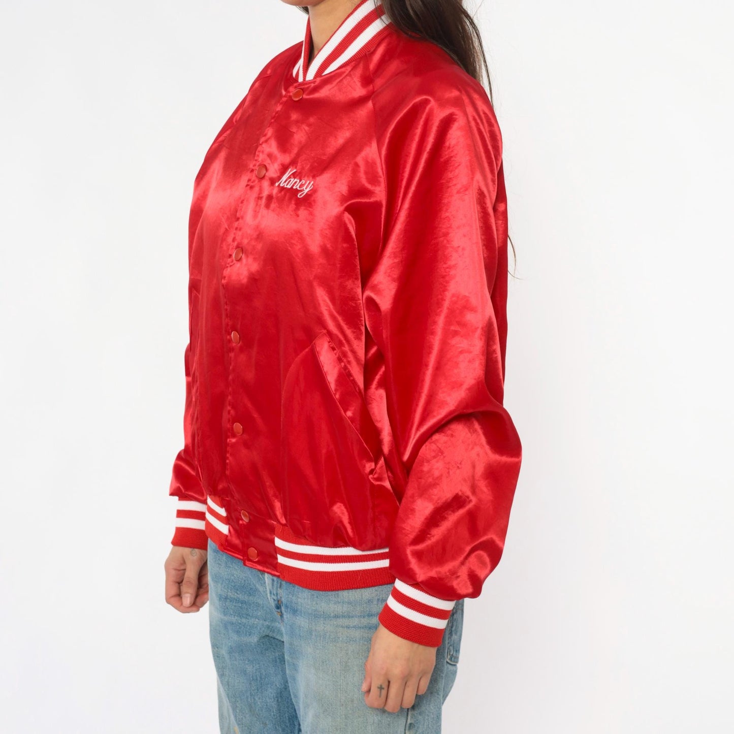 90s Red Satin Bomber Jacket Embroidered Salem Farms Campground Connecticut Large