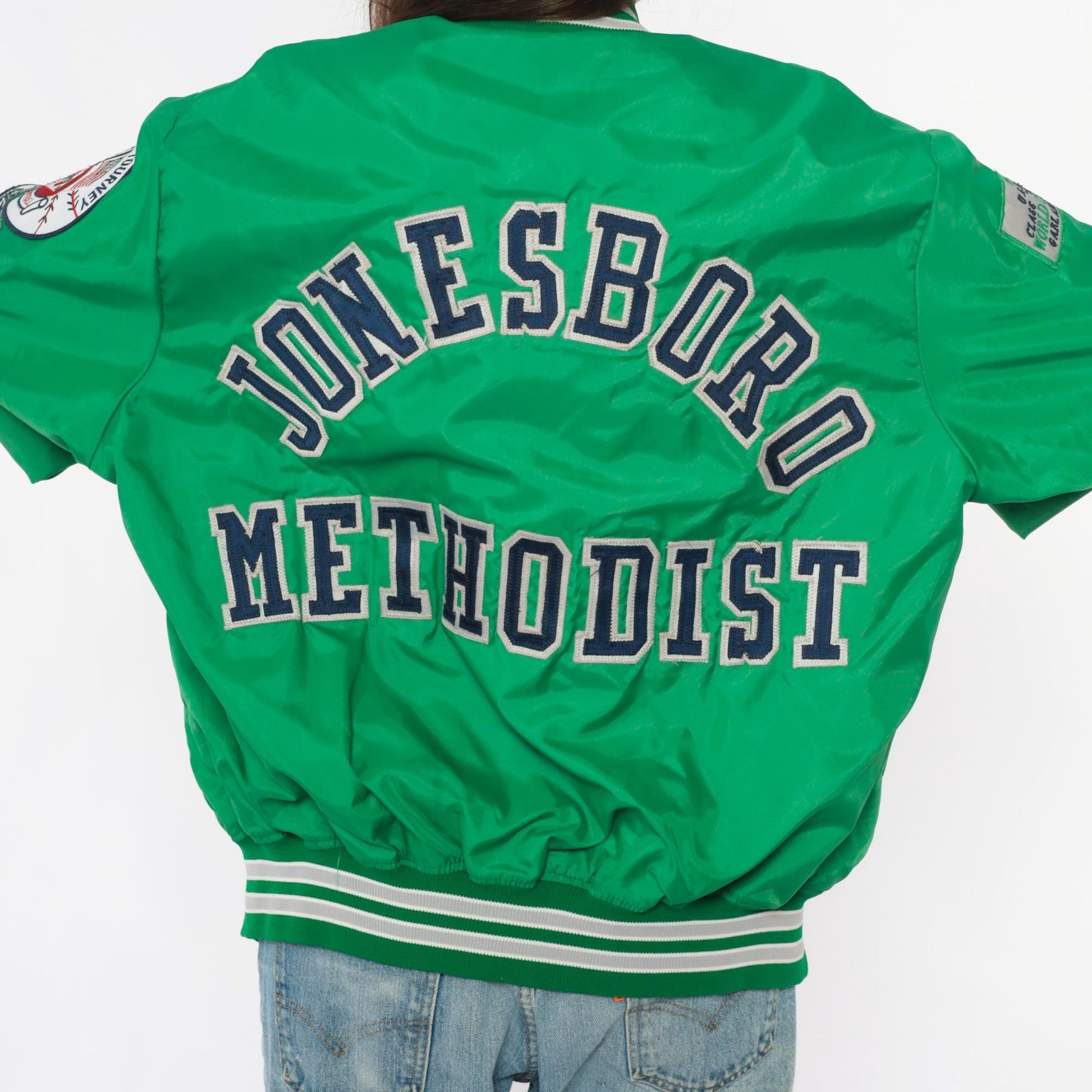 80s Green Varsity Bomber Jacket Embroidered Patches Snap Front Extra Large XL