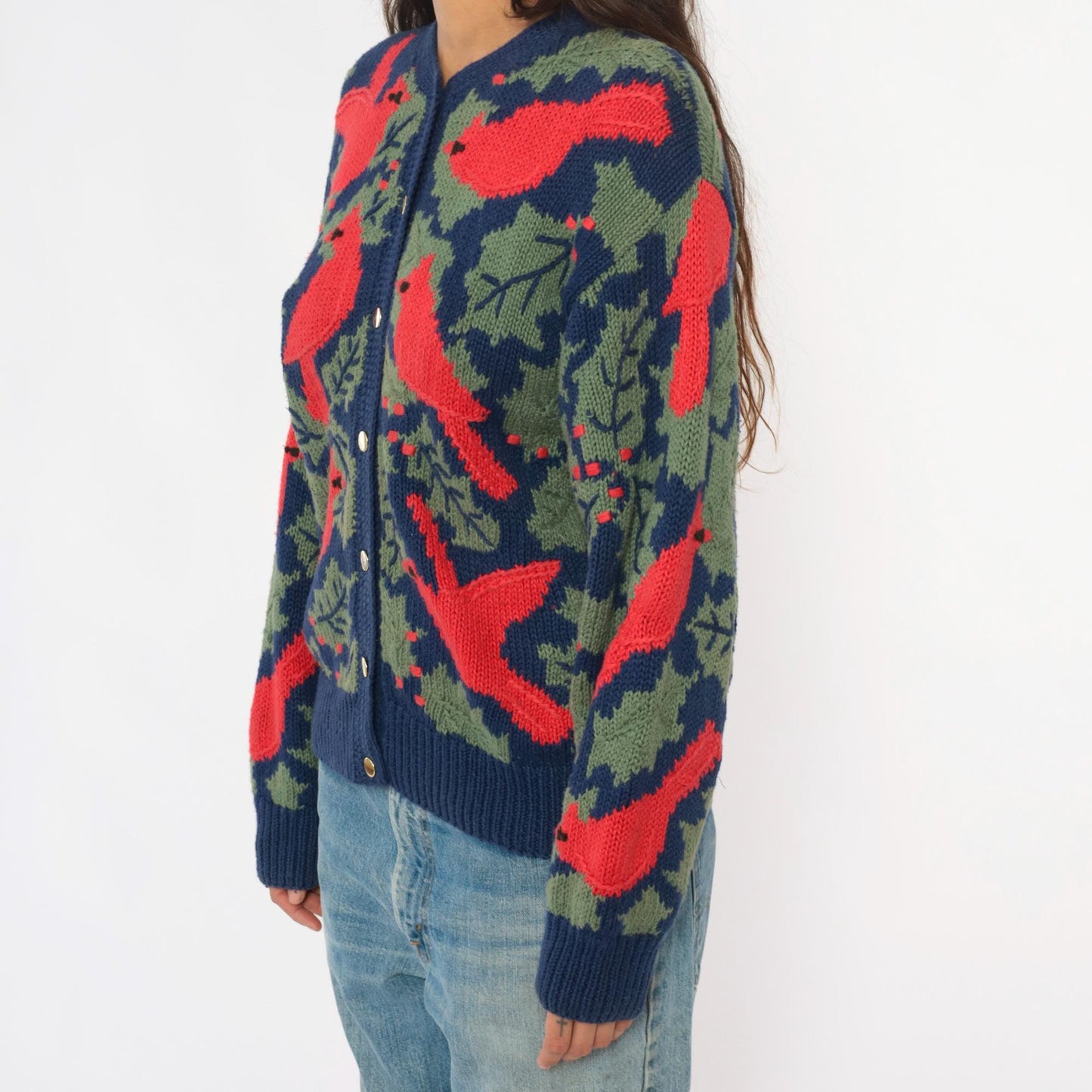 90s Orvis Cardinal Cardigan Navy Botanical Knit Large L