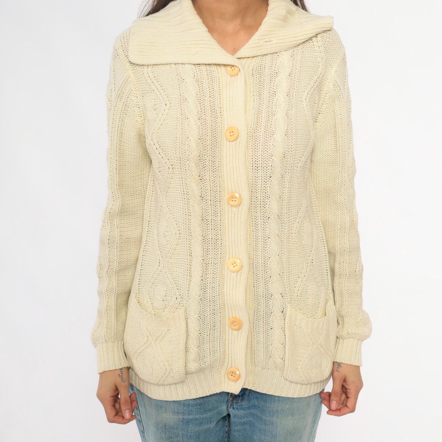 70s Cable Knit Cardigan Cream Shawl Collar Patch Pockets Small