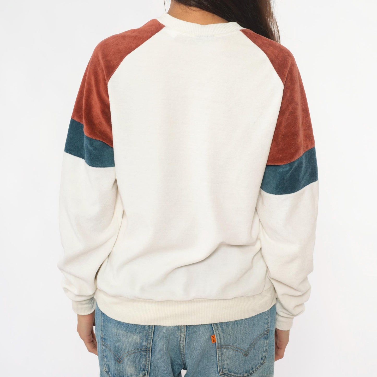 80s Expressions Velour Sweatshirt Color Block Brown Teal Cream Raglan Medium