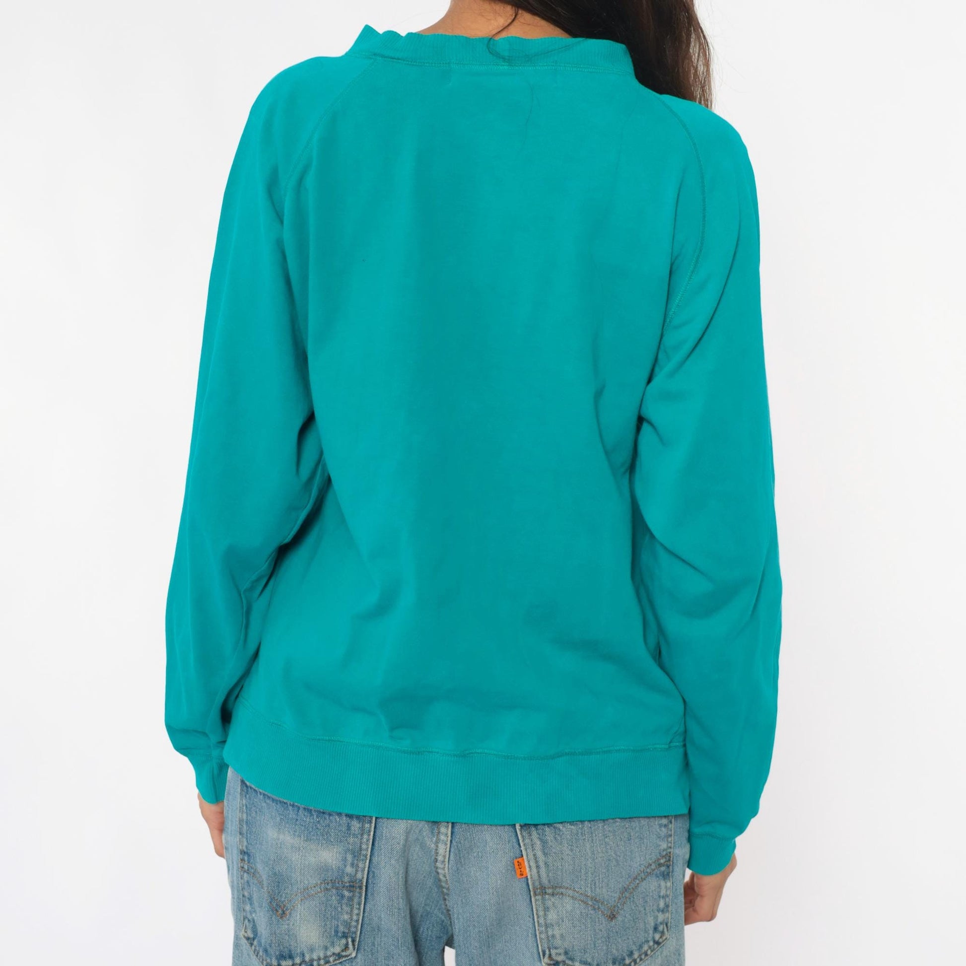 90s Turquoise Cotton Raglan Sweatshirt Pocket Button Detail Medium M