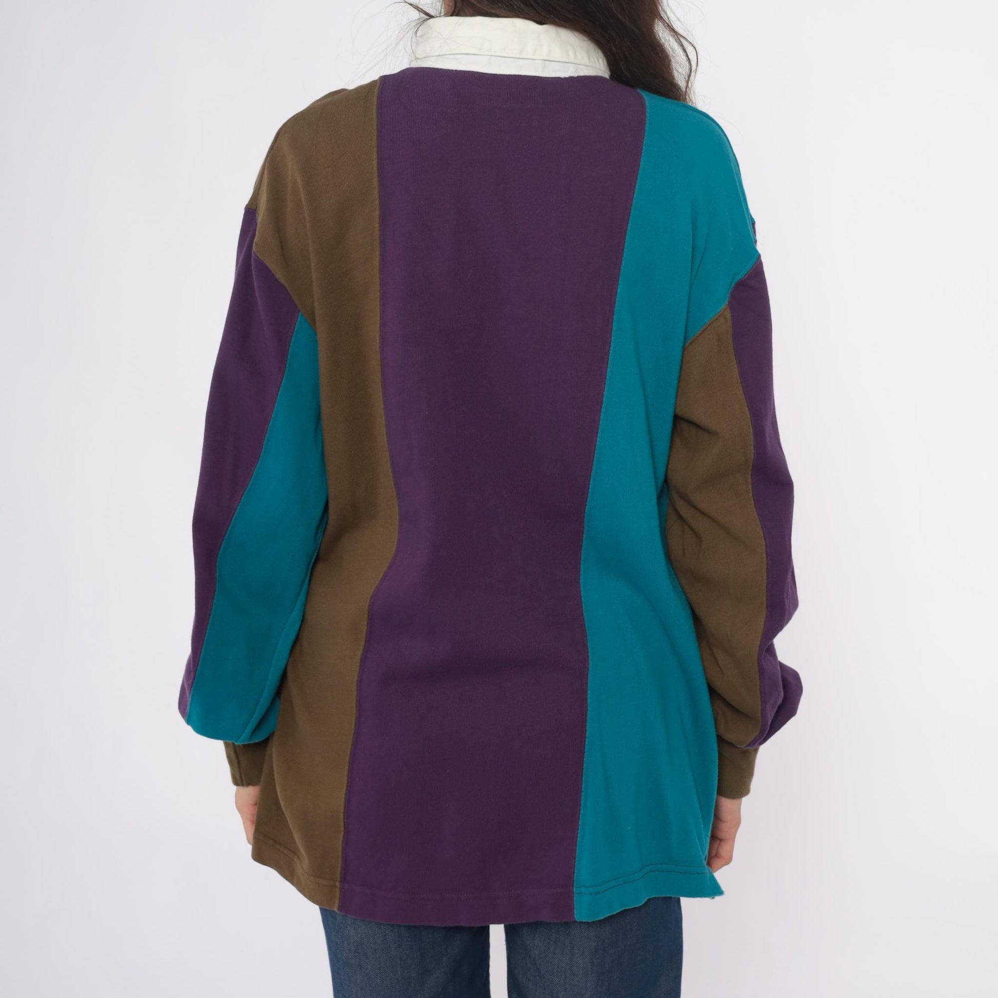 90s Cambridge Classics Rugby Polo Purple Teal Olive Colour Block Cotton Large