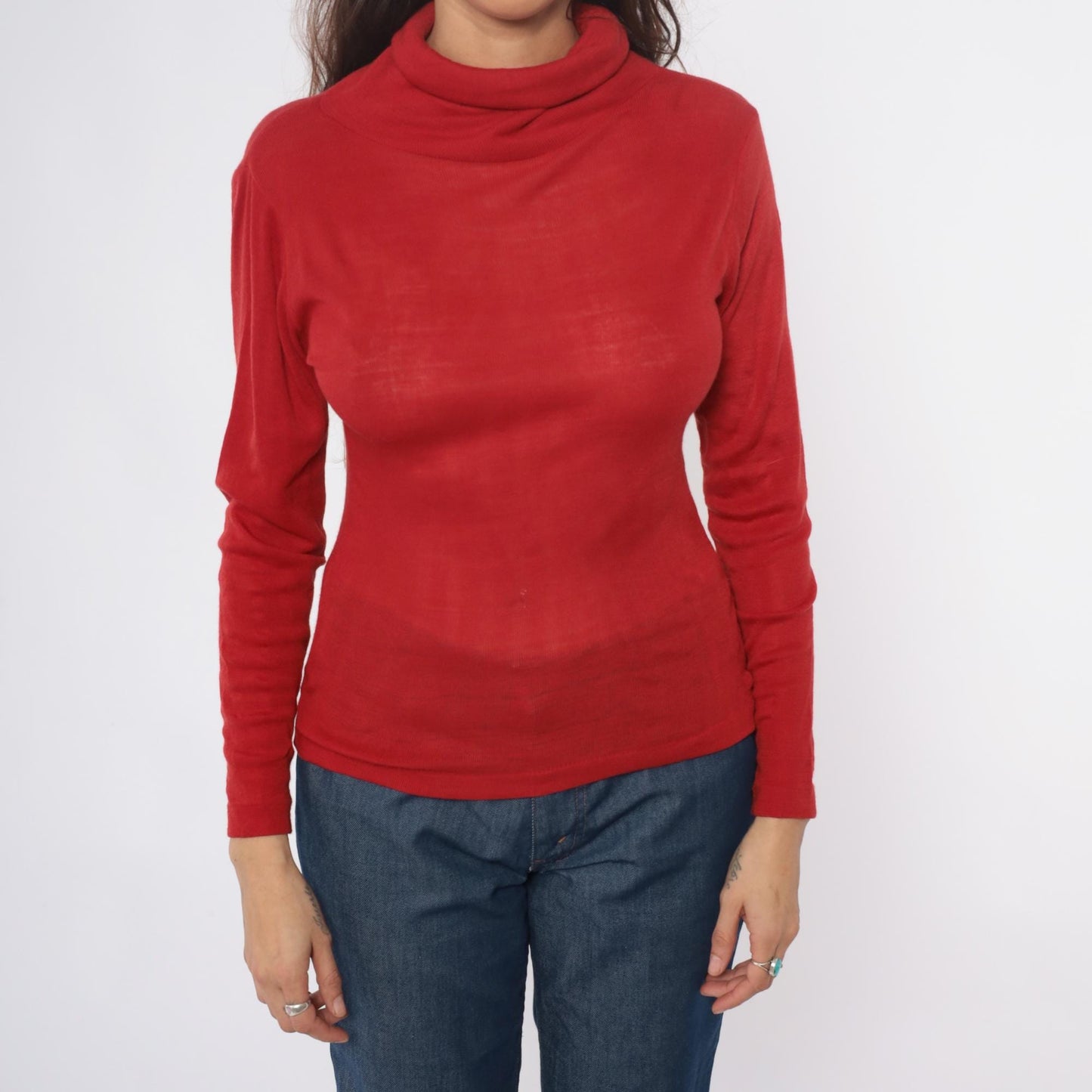 80s Red Turtleneck Acrylic Knit Fitted Long Sleeve Pullover Medium M