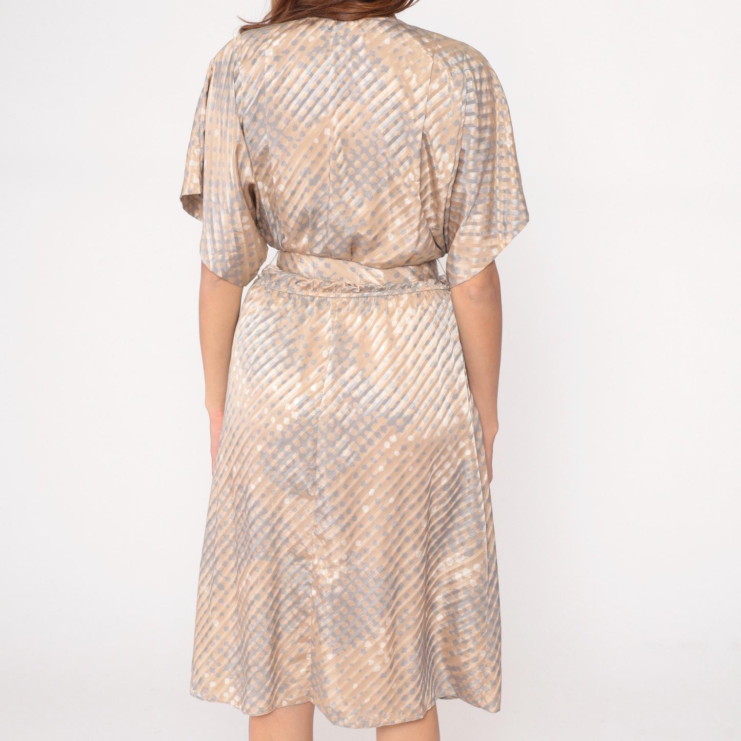 80s Pellini Wrap Dress Beige Polka Dot Diagonal Stripe V-Neck Kimono Sleeve Small