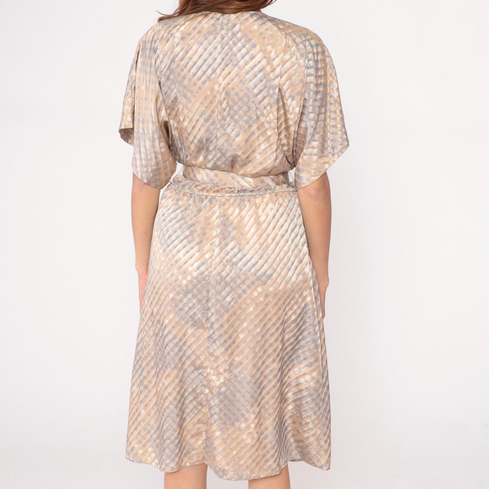 80s Pellini Wrap Dress Beige Polka Dot Diagonal Stripe V-Neck Kimono Sleeve Small