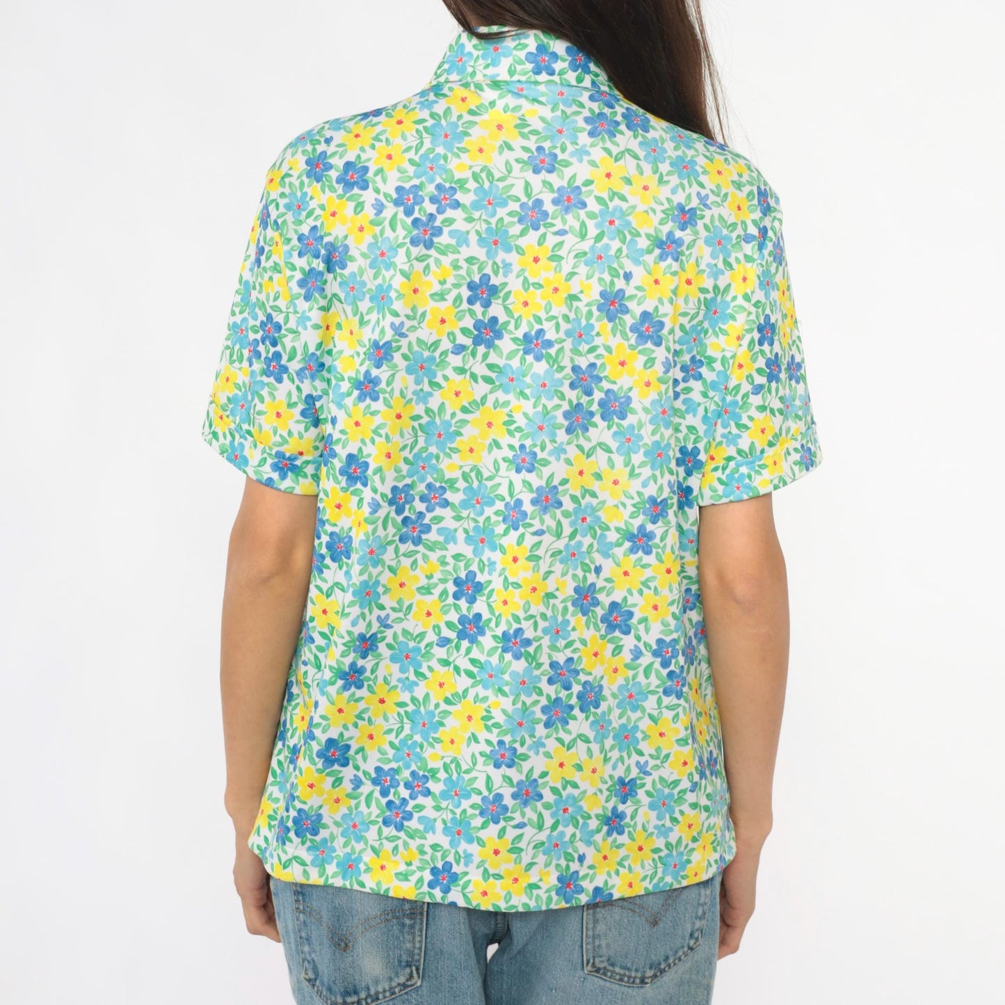 70s Floral Blouse White Yellow Blue Flowers Short Sleeve Pointed Collar Large L