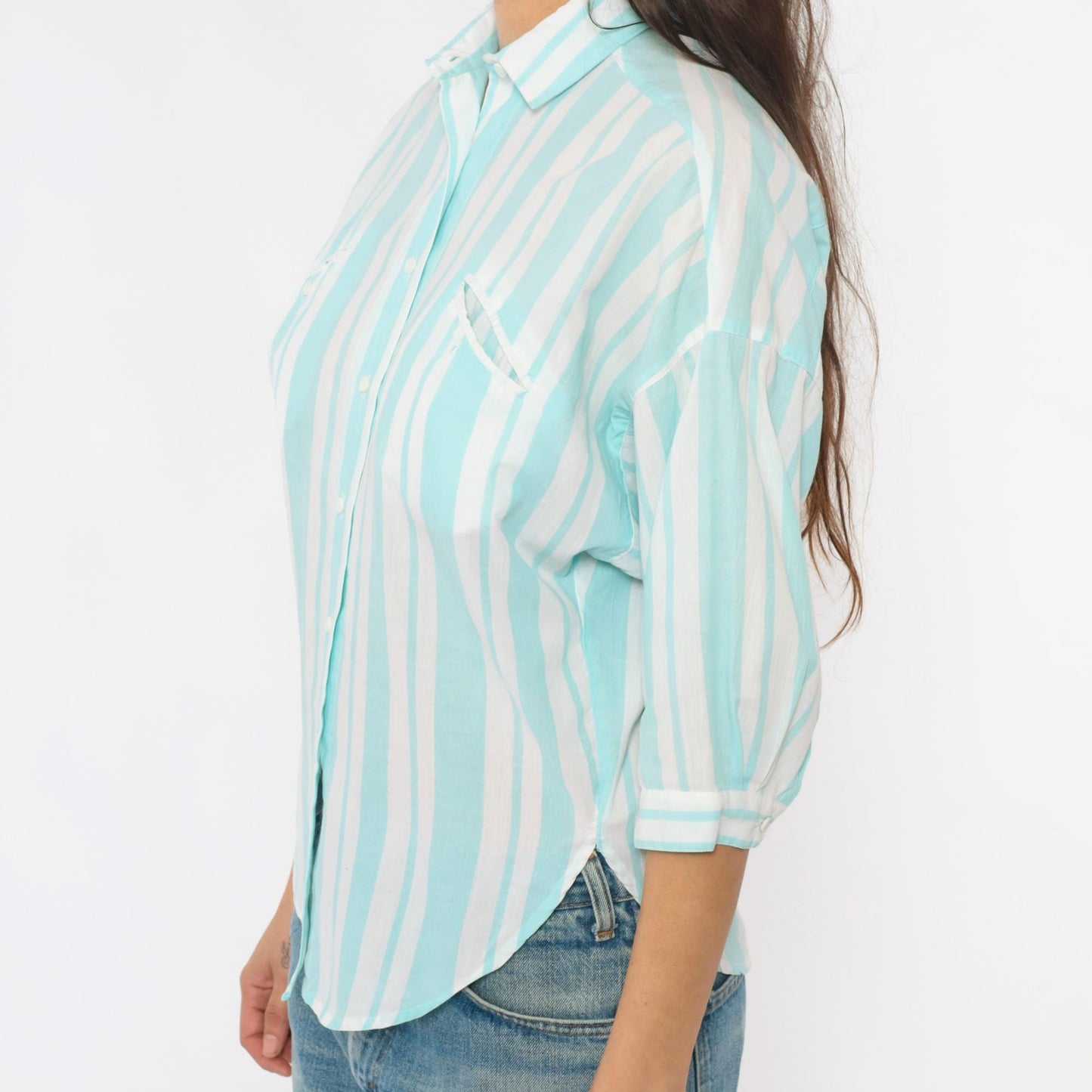 80s Diane von Furstenberg Mint Striped Button-Up Shirt Small S