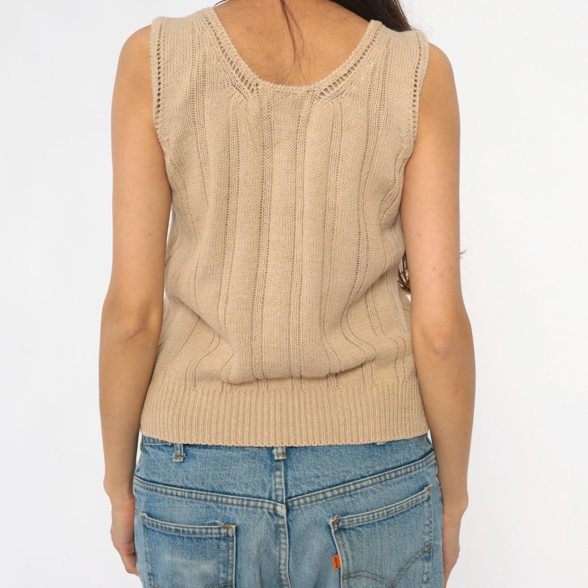 90s Crystal Cream Knit Tank V-Neck Cable Pointelle Cropped Medium M