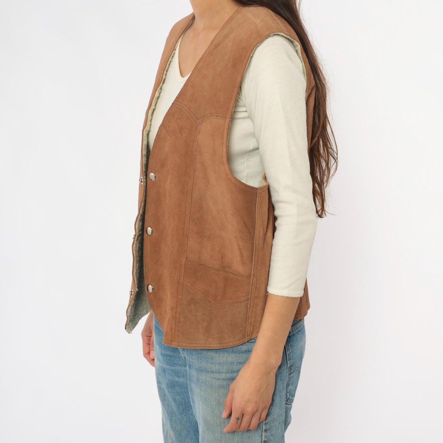 80s Brown Suede Vest Shearling Lined Snap Button Western Waistcoat Large L