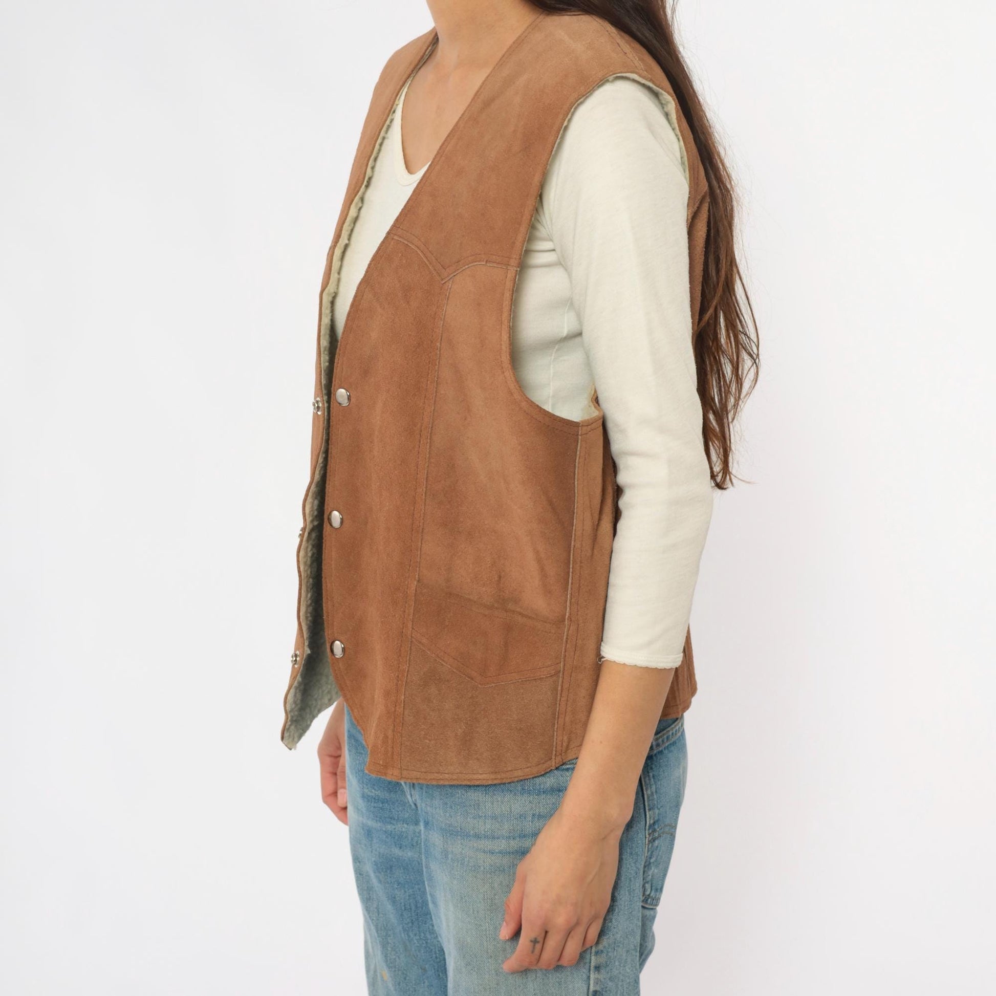 80s Brown Suede Vest Shearling Lined Snap Button Western Waistcoat Large L