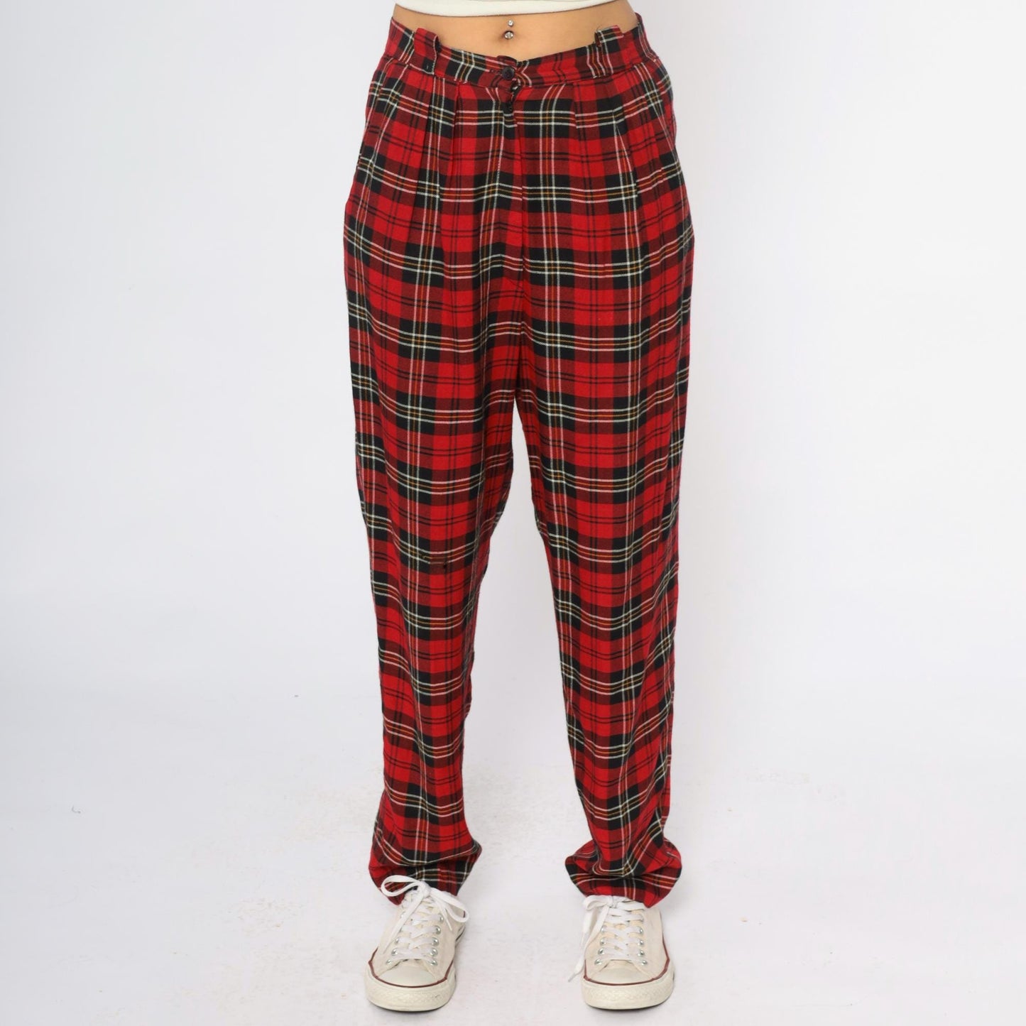 90s Chinicci Red Tartan High-Waist Pleated Trousers Medium