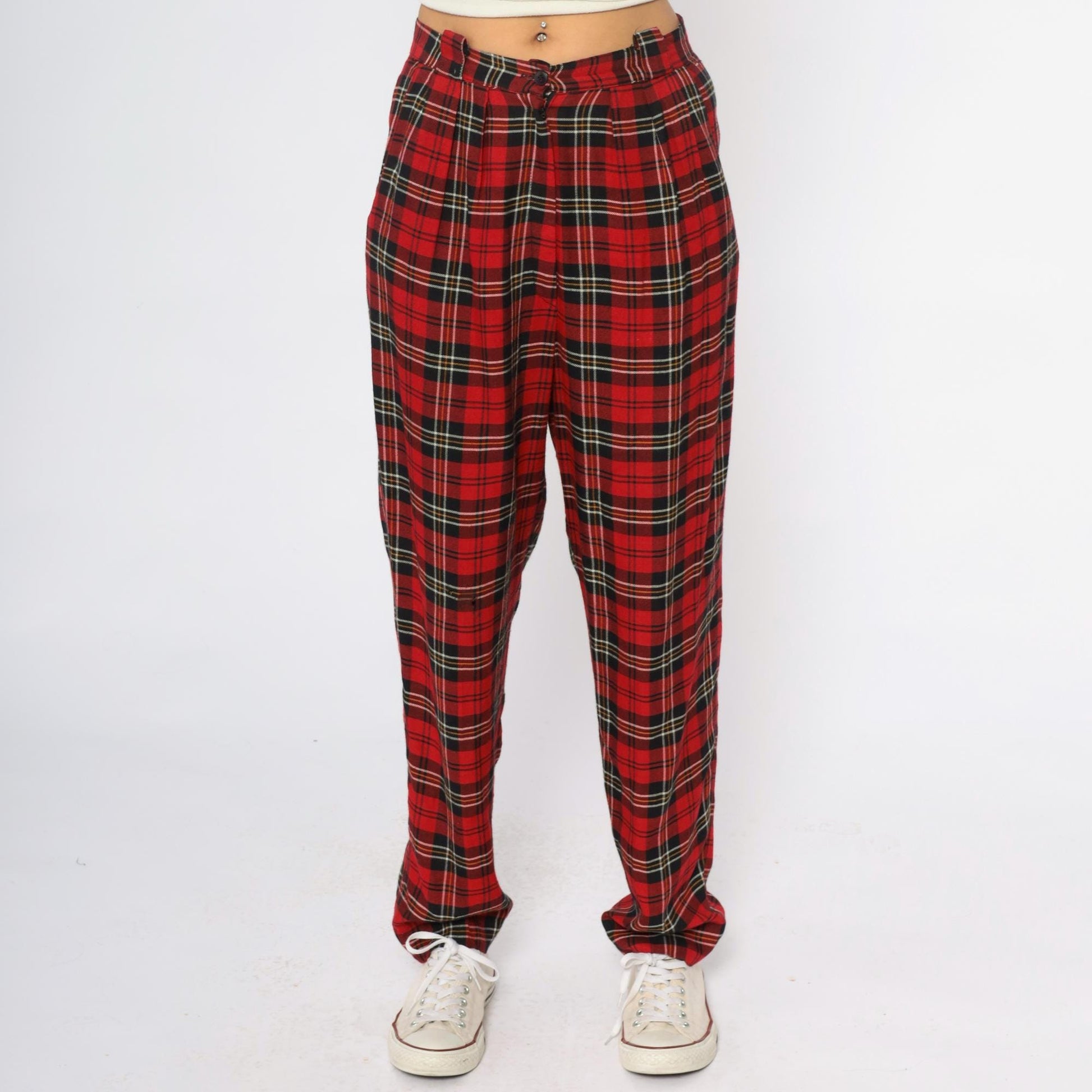90s Chinicci Red Tartan High-Waist Pleated Trousers Medium