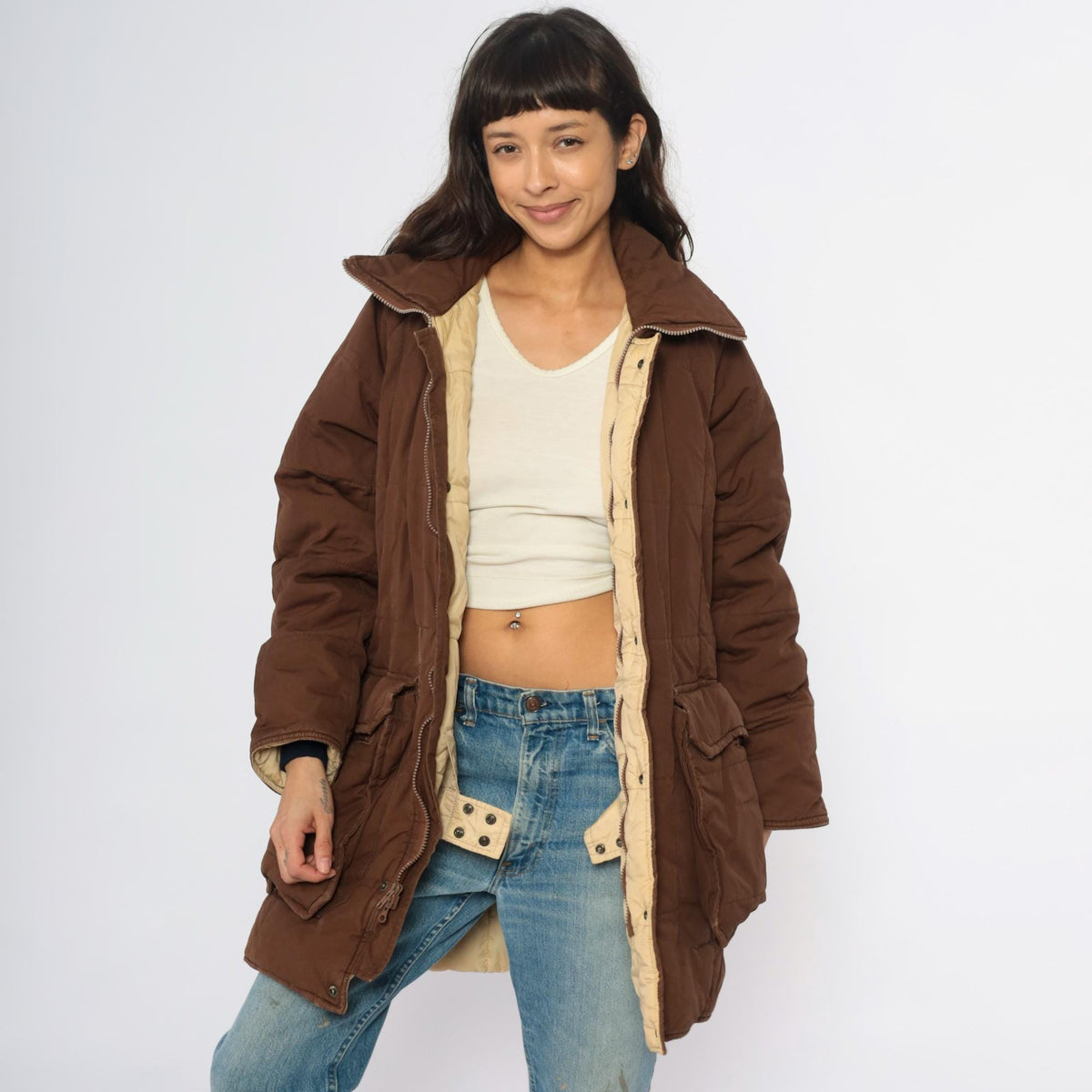 80s REI Brown Quilted Puffer Jacket Corduroy Collar Zip Large