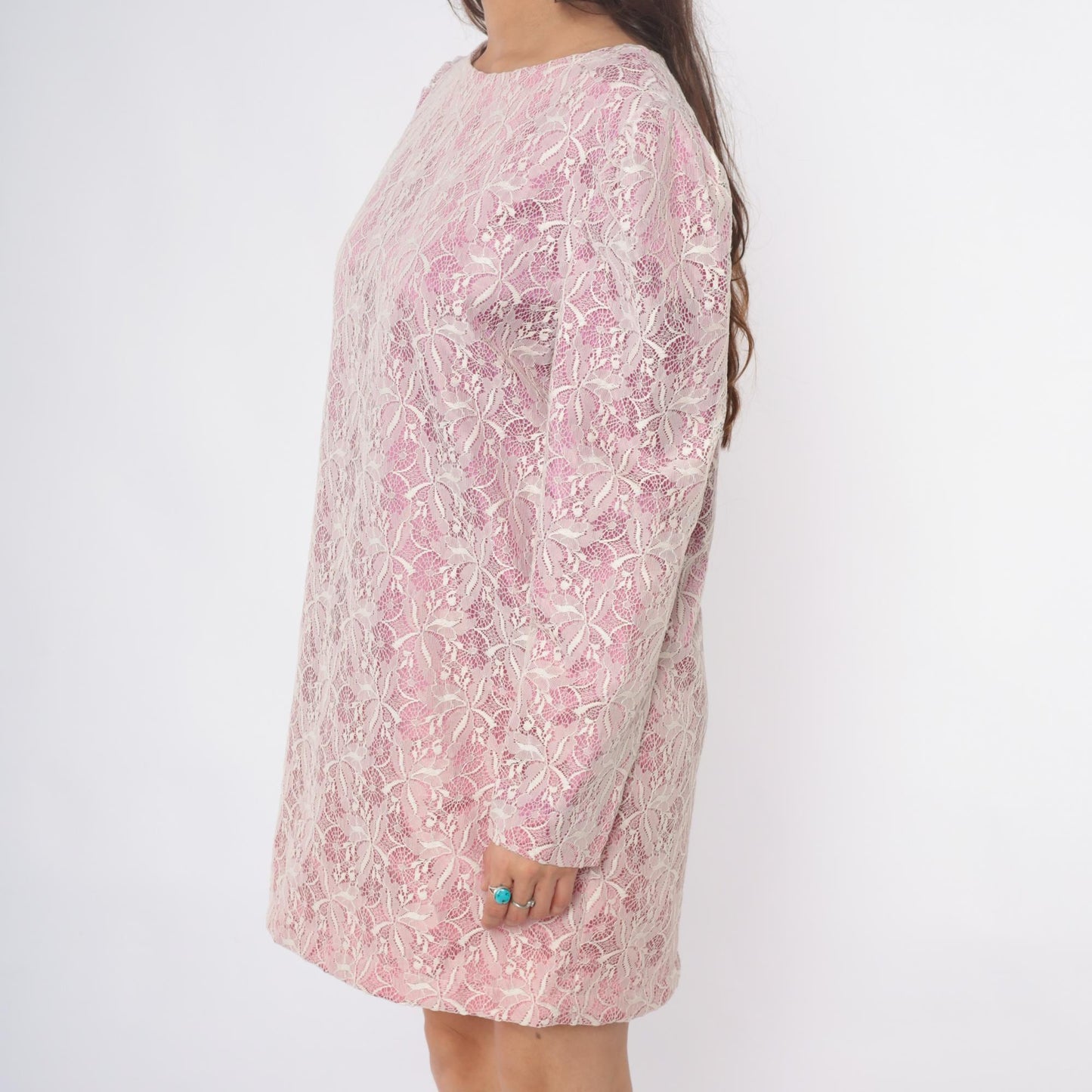 70s Purple Lace Mini Dress Long Sleeve Shift Floral White Overlay Medium M