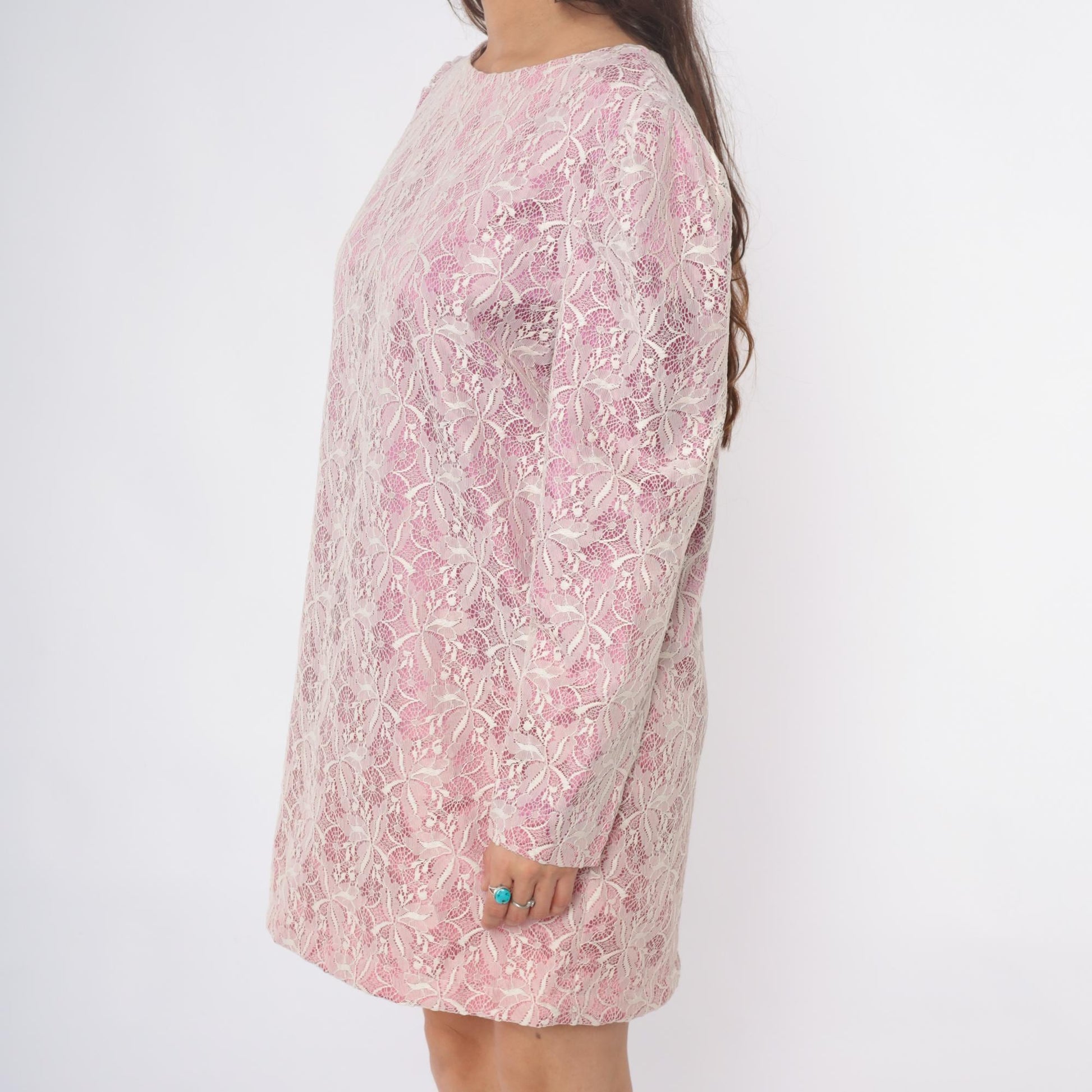 70s Purple Lace Mini Dress Long Sleeve Shift Floral White Overlay Medium M
