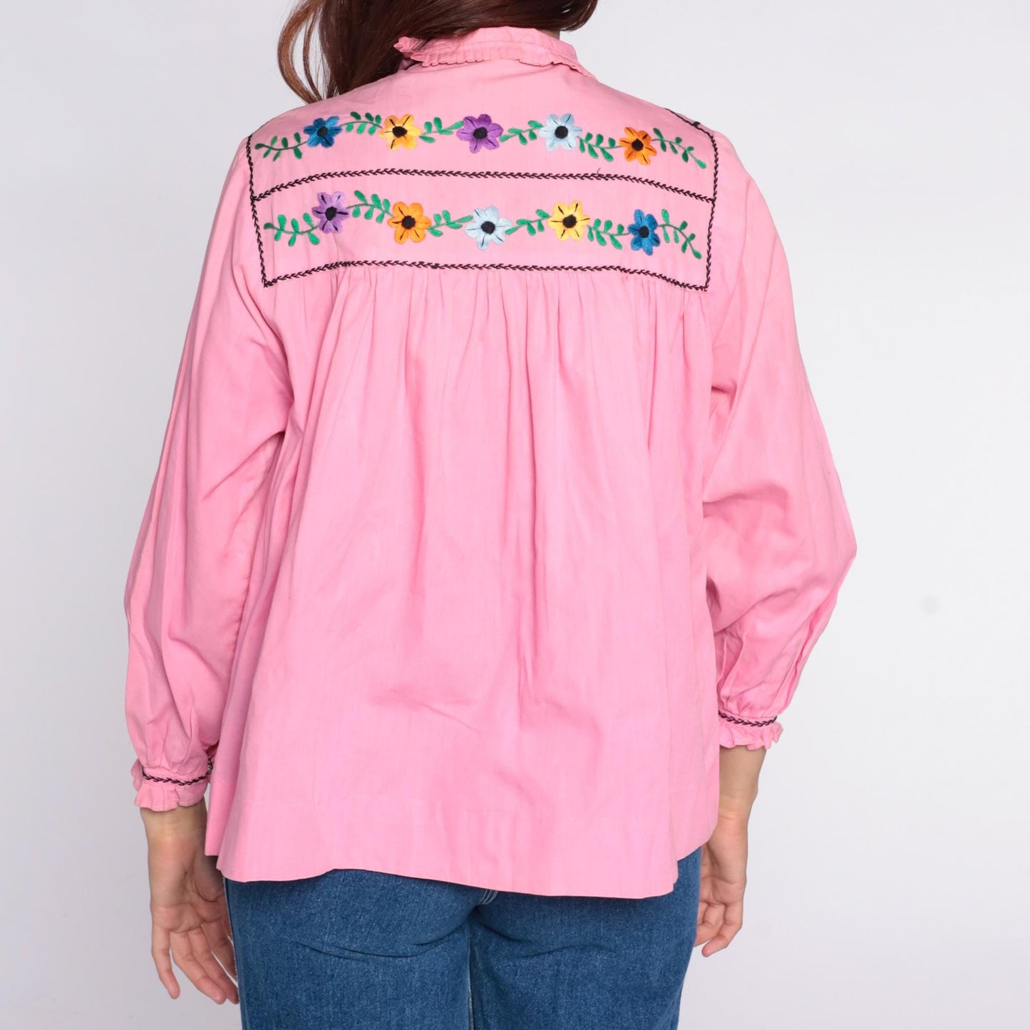70s Mexican Embroidered Pink Floral Blouse Peter Pan Collar Cotton XS