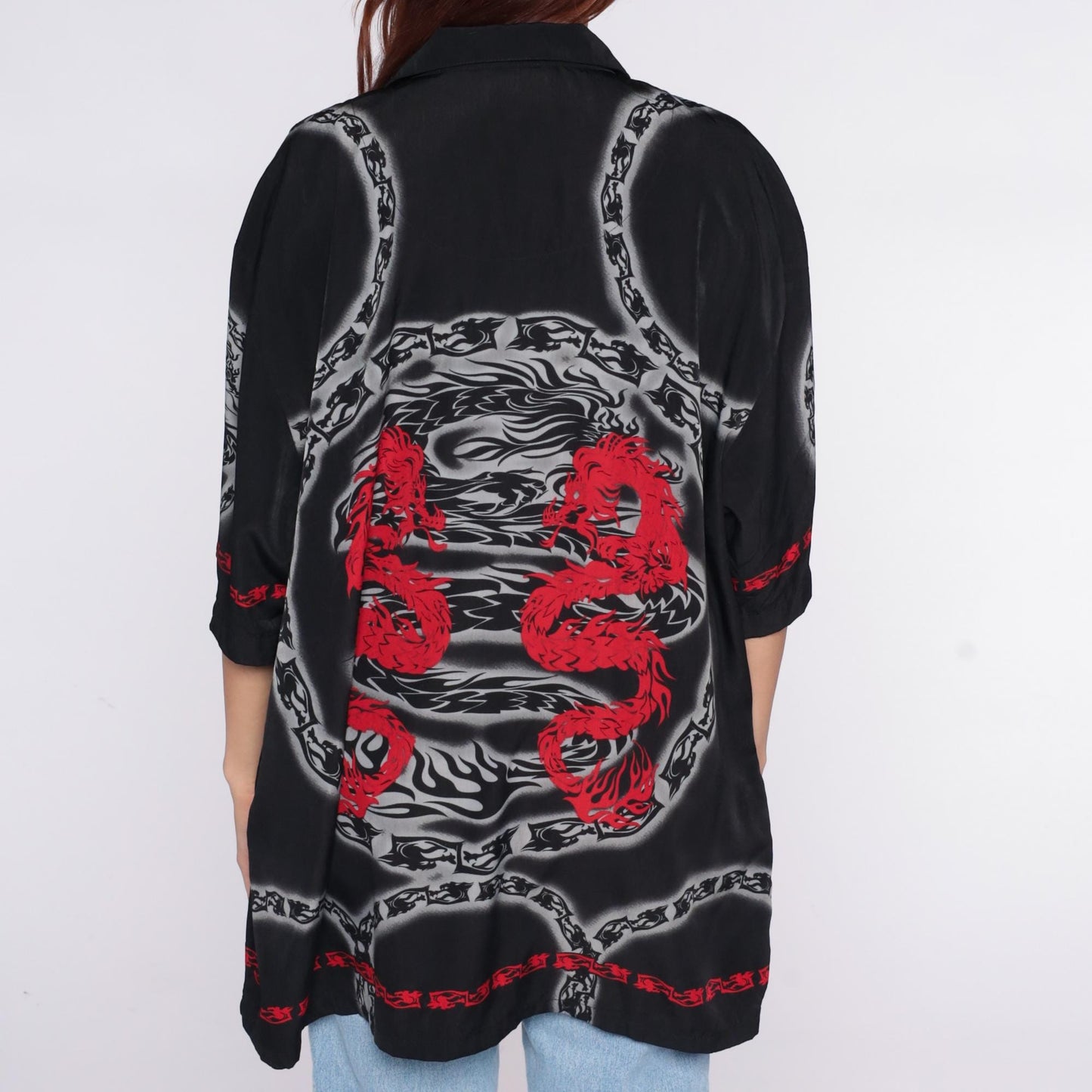 Y2K Saphire Lounge Dragon Chain Button Shirt Black Red Extra Large XL