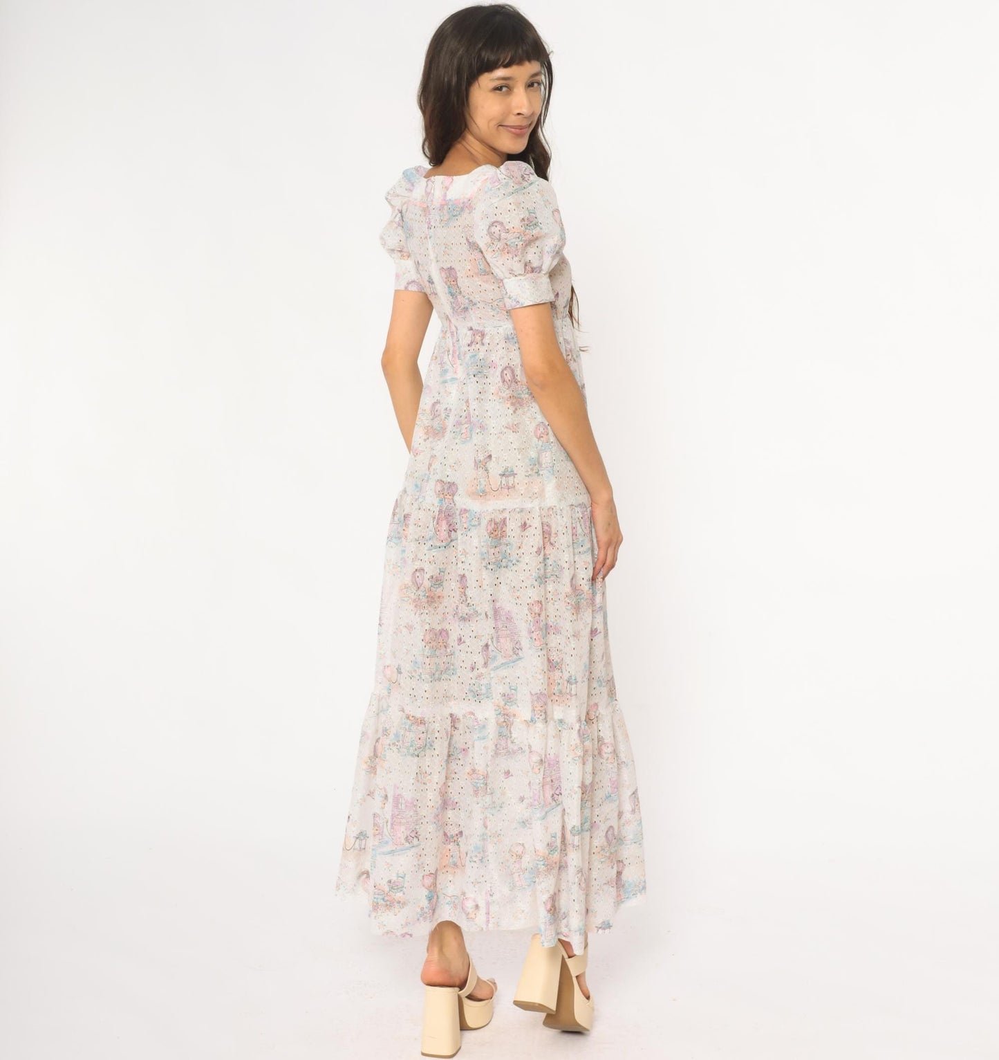 70s White Eyelet Maxi Dress Kawaii Children Print Puff Sleeve Small