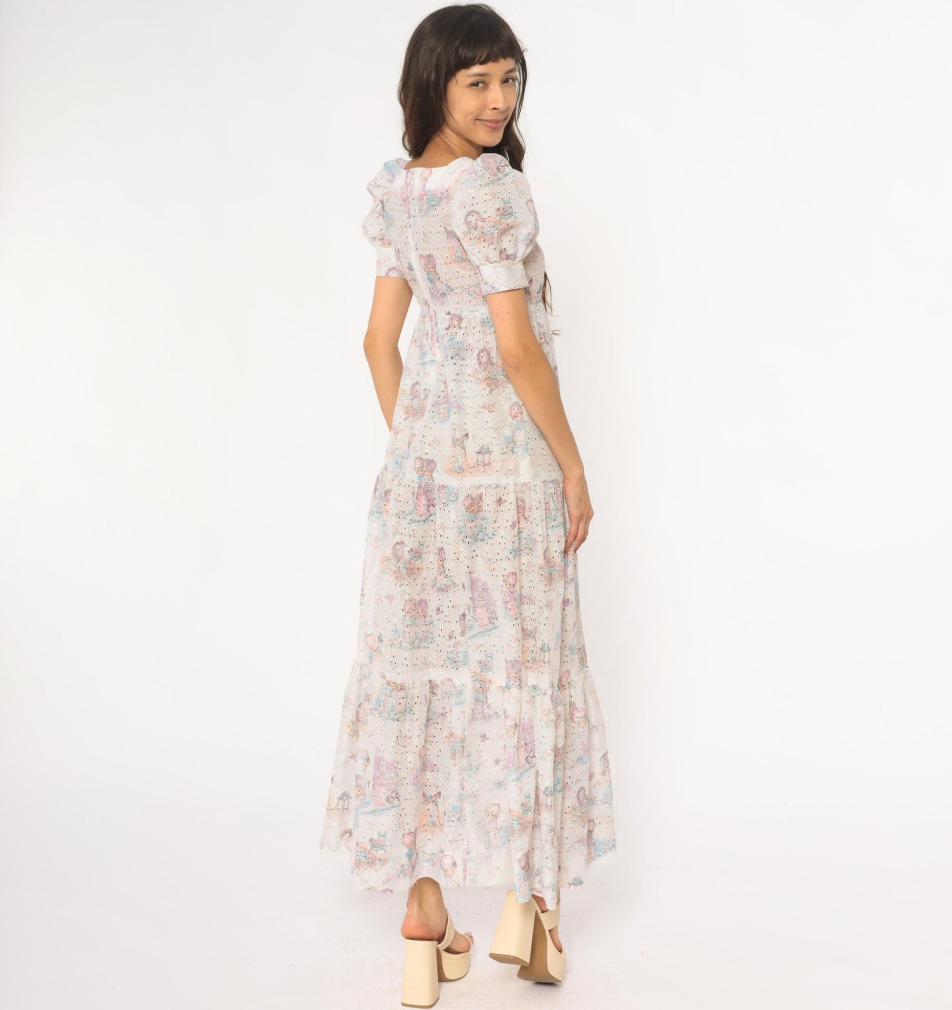 70s White Eyelet Maxi Dress Kawaii Children Print Puff Sleeve Small