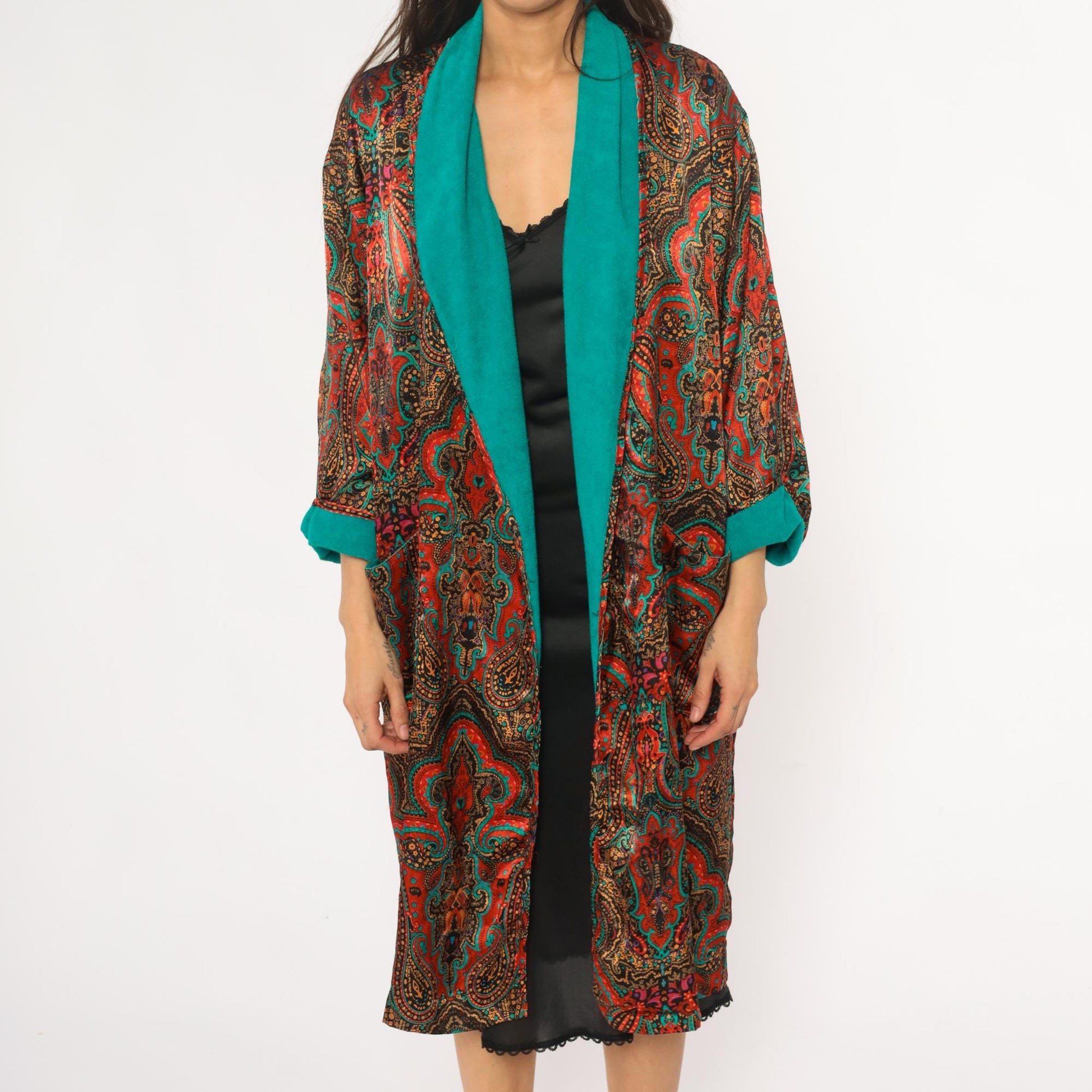80s Paisley Terrycloth Robe Turquoise Orange Black Lace Trim Knee Length Large