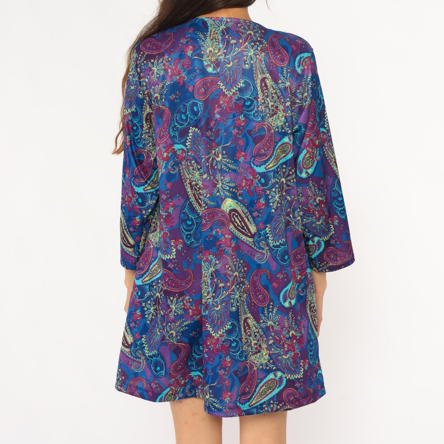 80s Paisley Shift Dress V-Neck Three-Quarter Sleeve Knee Length Large L