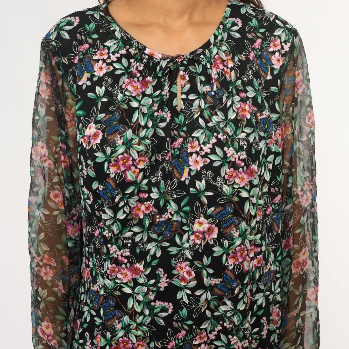 70s Black Floral Midi Dress Butterfly Print V-Neck Long Sleeve Extra Large