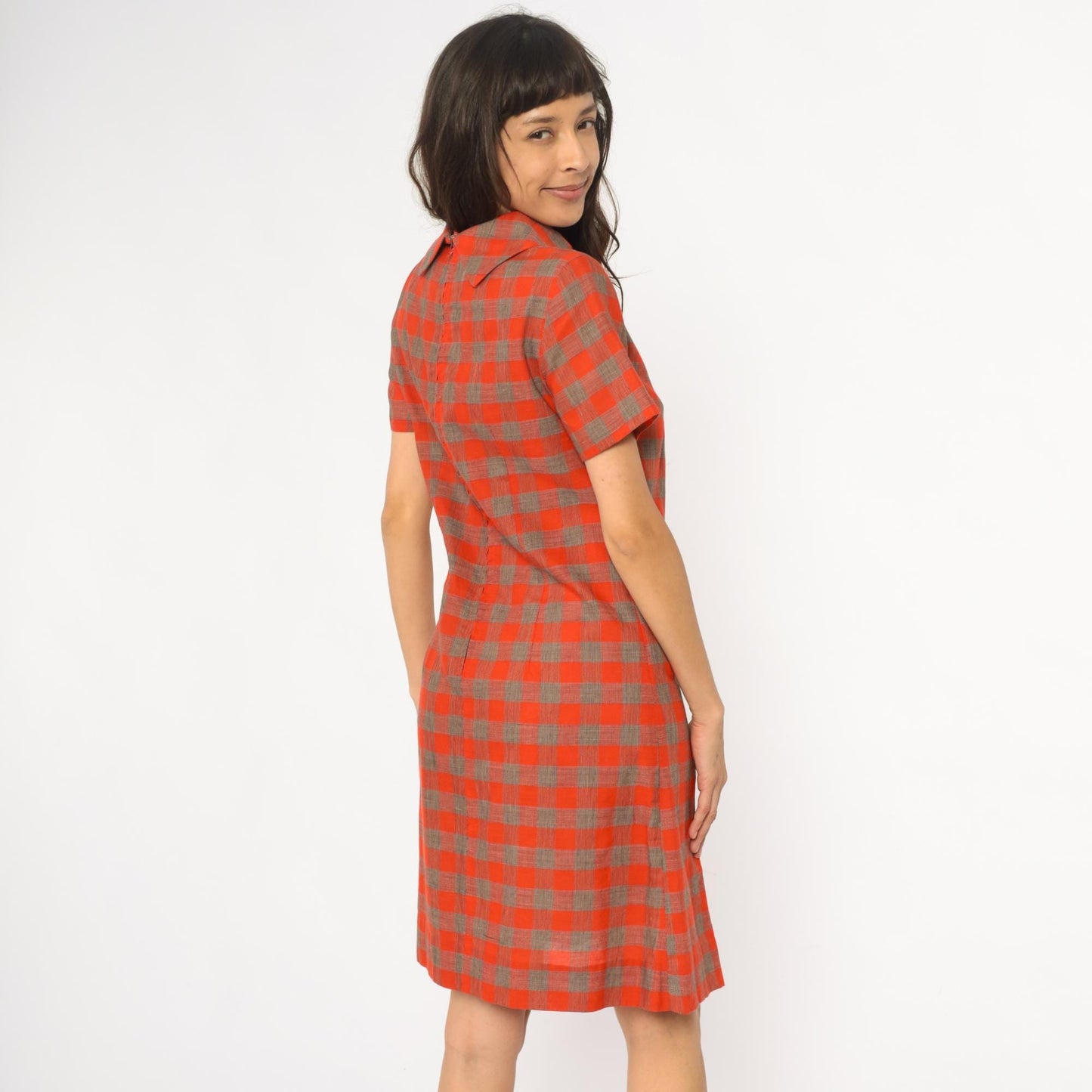 60s Orange Brown Plaid Shift Dress Drop Waist Pointed Collar Small