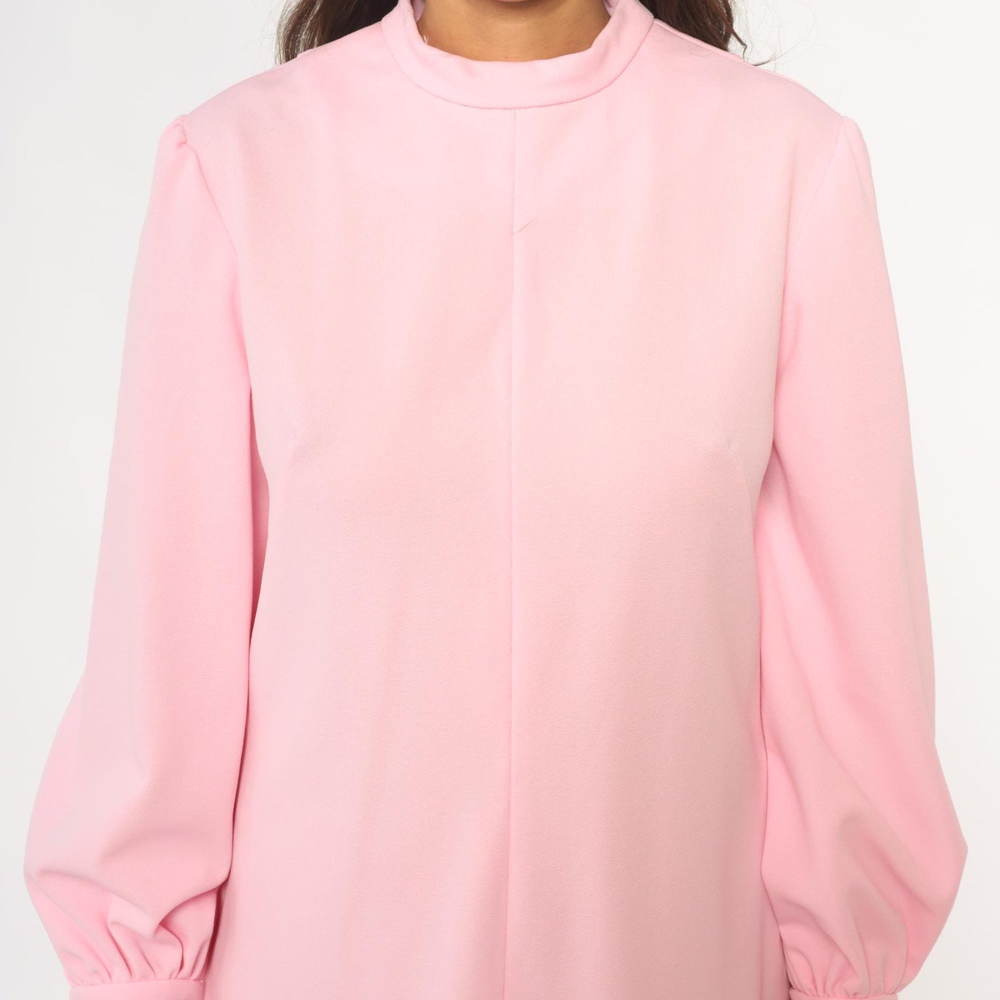 70s Pink Mini Dress Mock Neck Long Sleeve Shift A-Line Puff Sleeve Large L