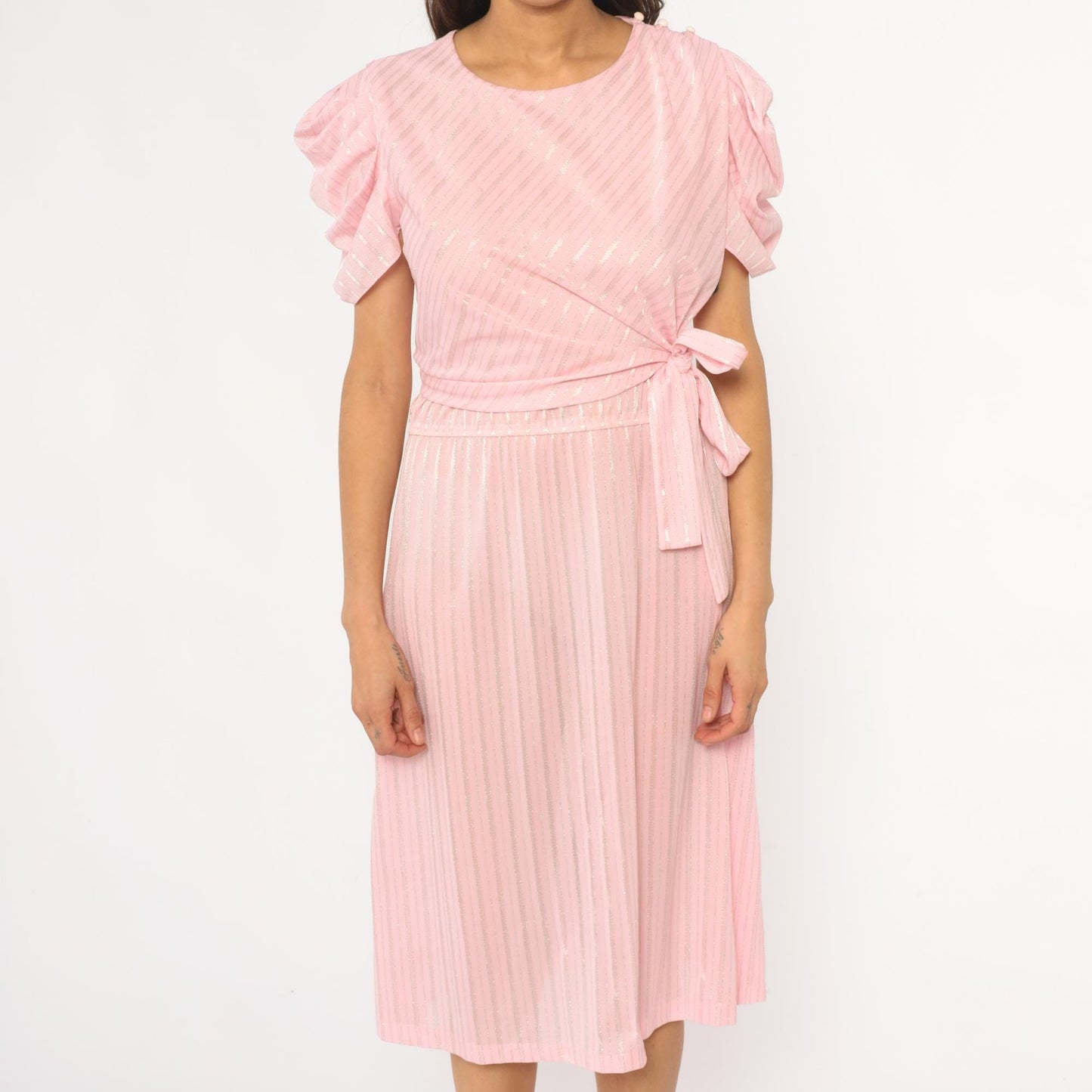 80s Pink Diagonal Stripe Midi Dress Puff Sleeve Tie Waist Small