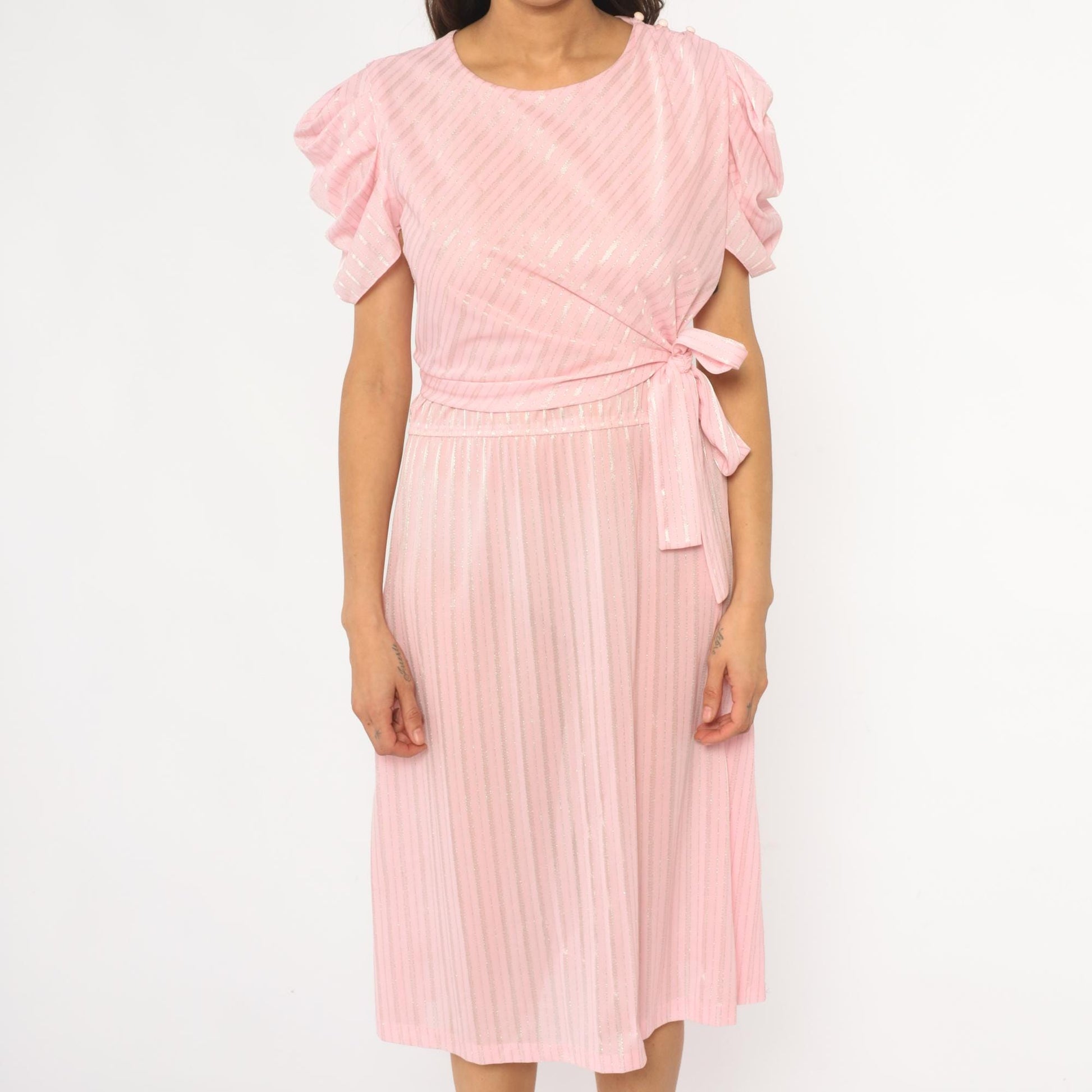 80s Pink Diagonal Stripe Midi Dress Puff Sleeve Tie Waist Small