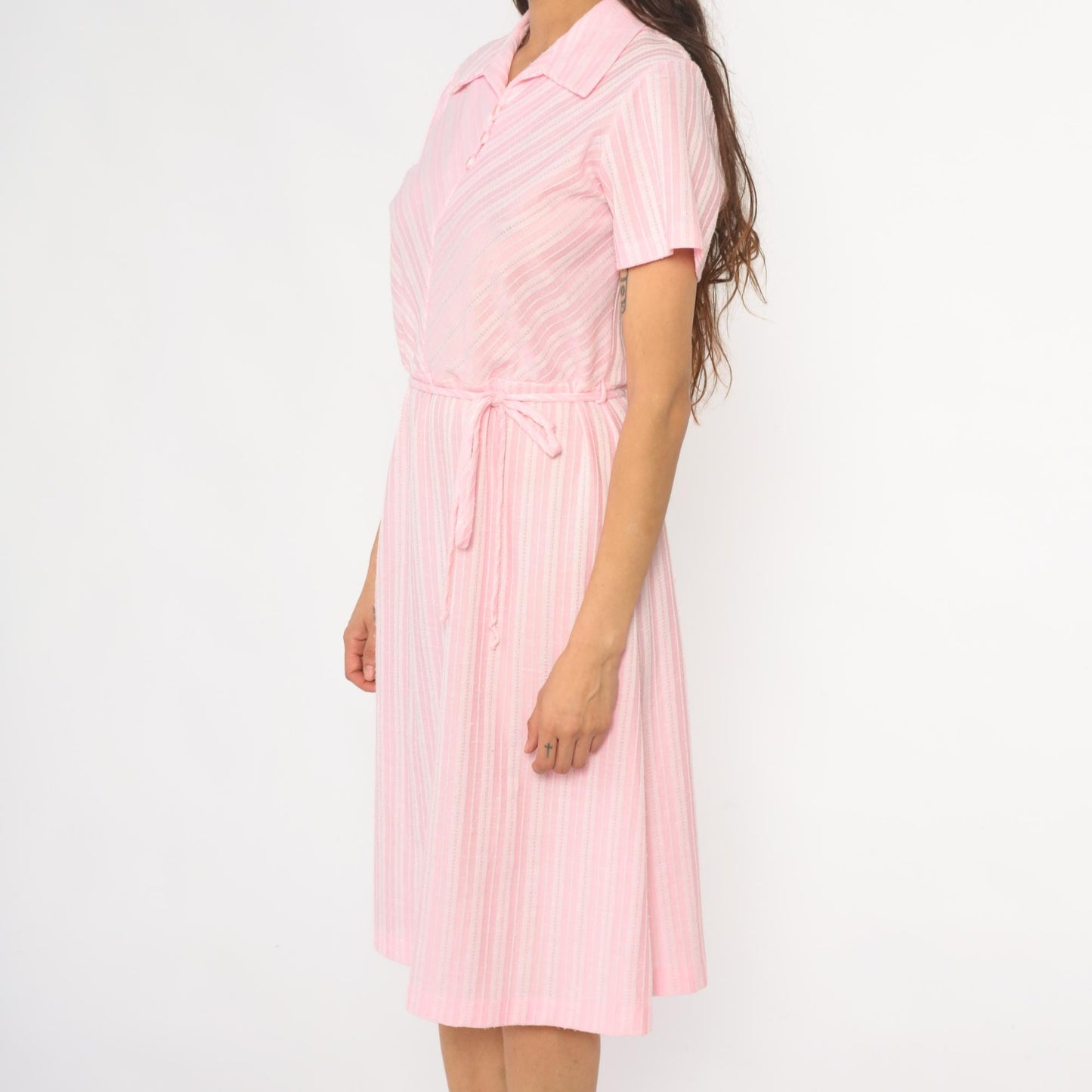 80s Pink Striped Shirt Dress Midi Polo Collar Button Front Medium