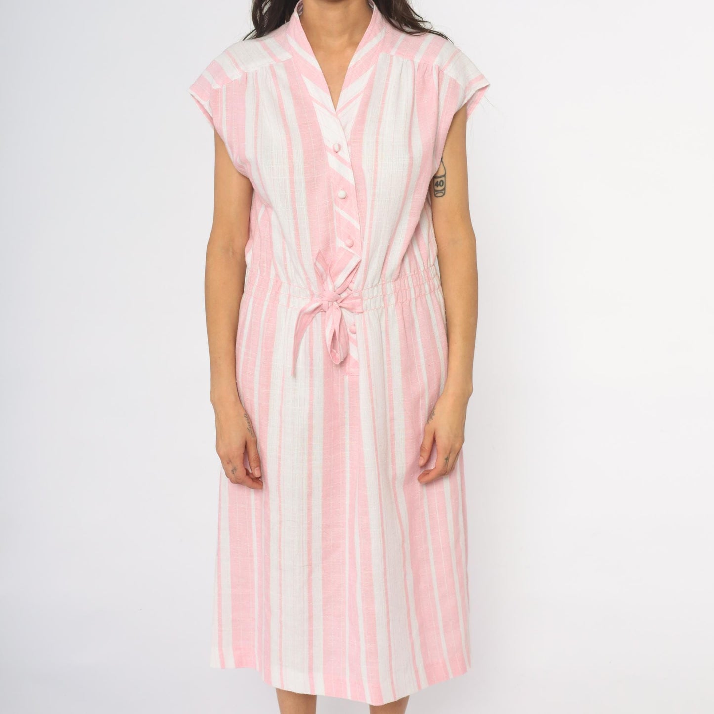 80s Murray Meisner Pink Striped Midi Dress Button Front V-Neck Small