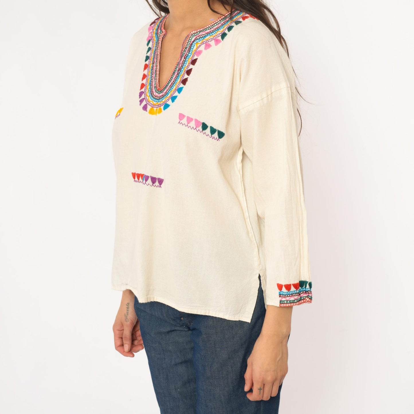 70s Embroidered Mexican Cotton Tunic Blouse Cream Multicolor Medium M