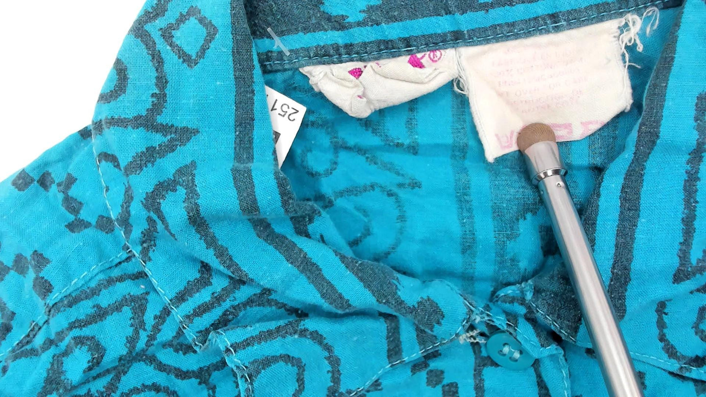 90s Turquoise Geometric Tribal Button-Up Shirt Short Sleeve Medium