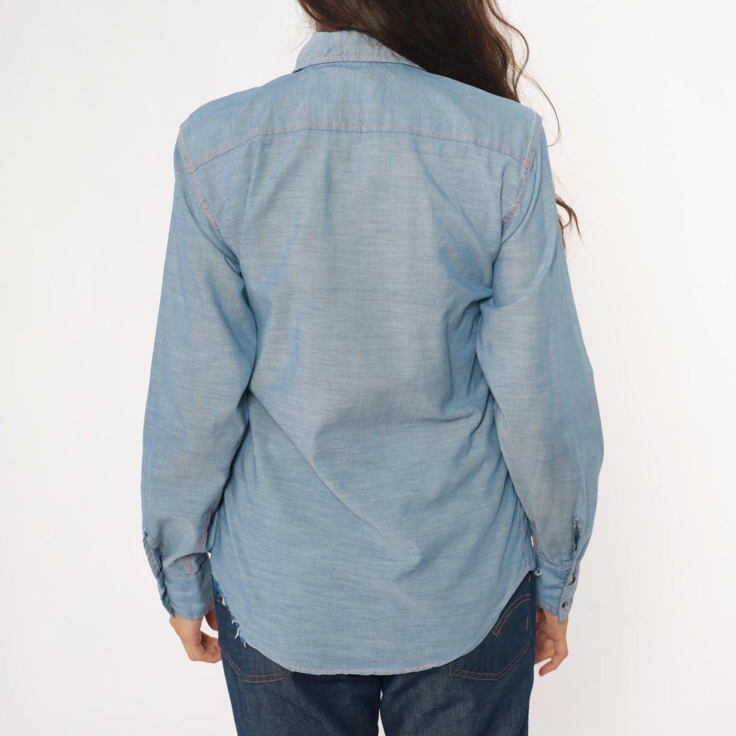 70s Chambray Western Shirt Floral Embroidered Iris Purple Pink Blue Medium