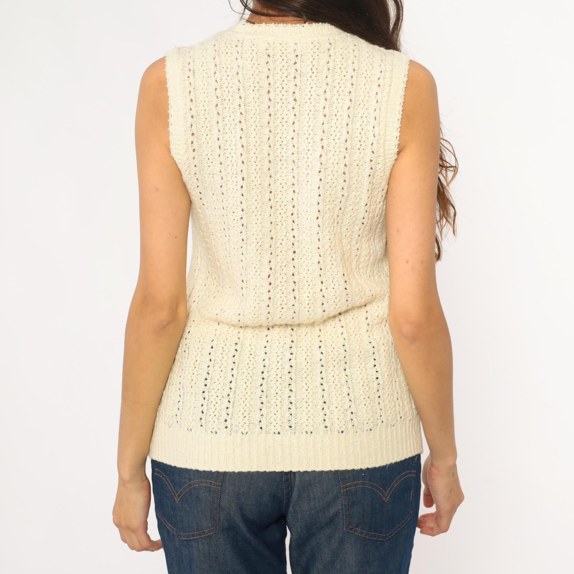 70s Cream Crochet Vest Pointelle Knit Sleeveless Cardigan Small S