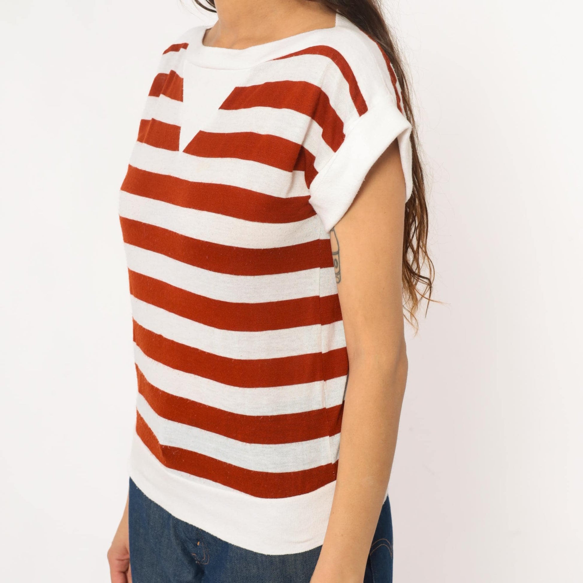 80s Rust & White Striped Boat Neck Tee Cotton Short Sleeve Small