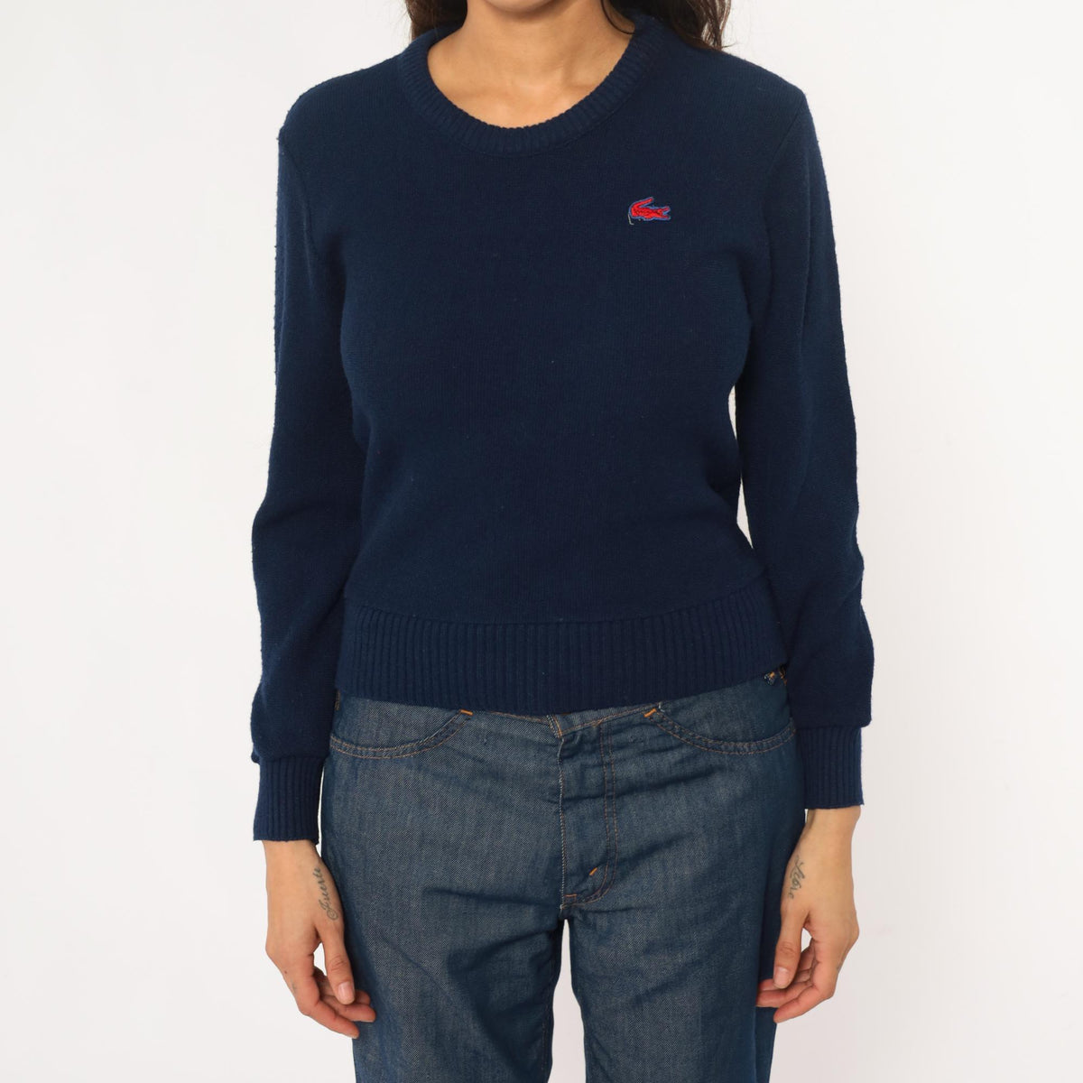 Izod Lacoste Navy Crew Neck Sweater 80s Crocodile Logo Pullover Small