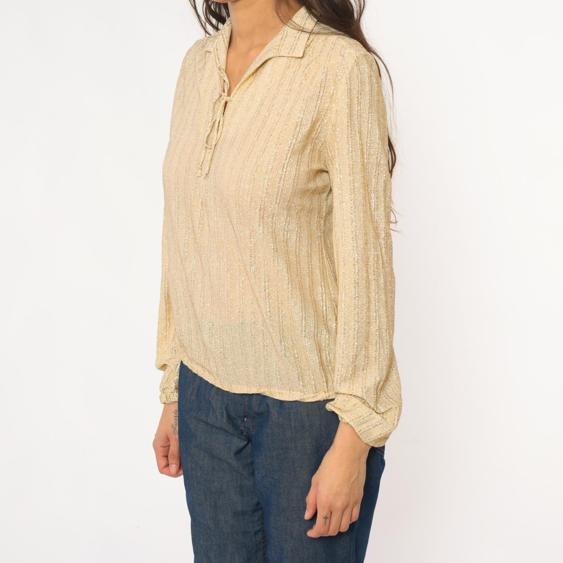 70s Judy Bond Gold Metallic Blouse Champagne Disco Collar Small