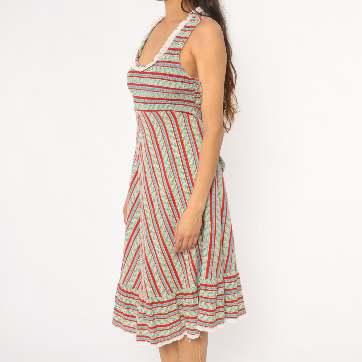 70s JC Penney Striped Chevron Prairie Dress Empire Waist Mint Small