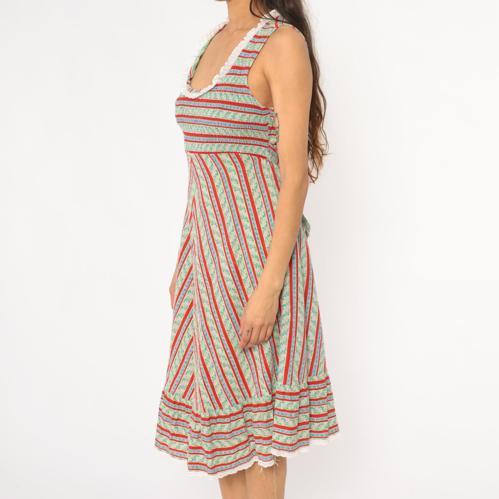 70s JC Penney Striped Chevron Prairie Dress Empire Waist Mint Small