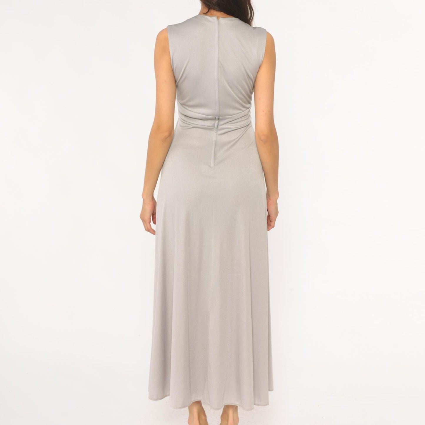 70s Silver Maxi Dress V-Neck Empire Waist Sleeveless Evening Gown Small