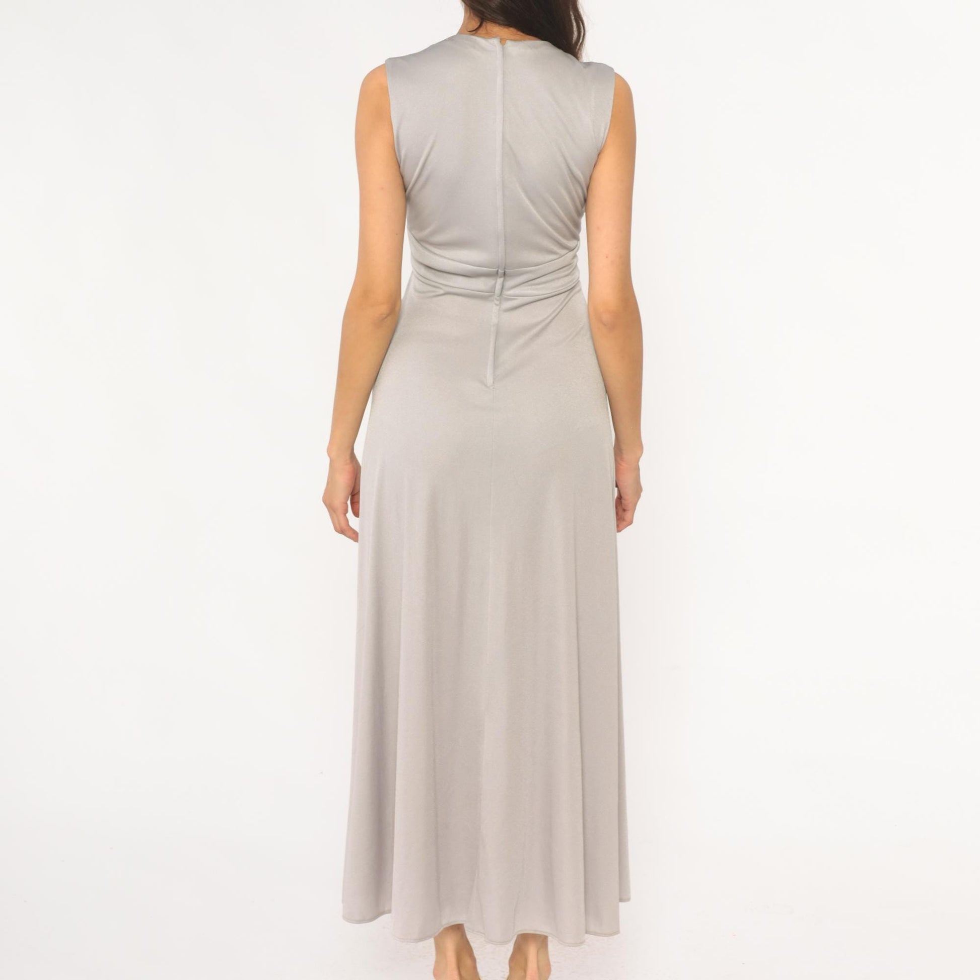 70s Silver Maxi Dress V-Neck Empire Waist Sleeveless Evening Gown Small