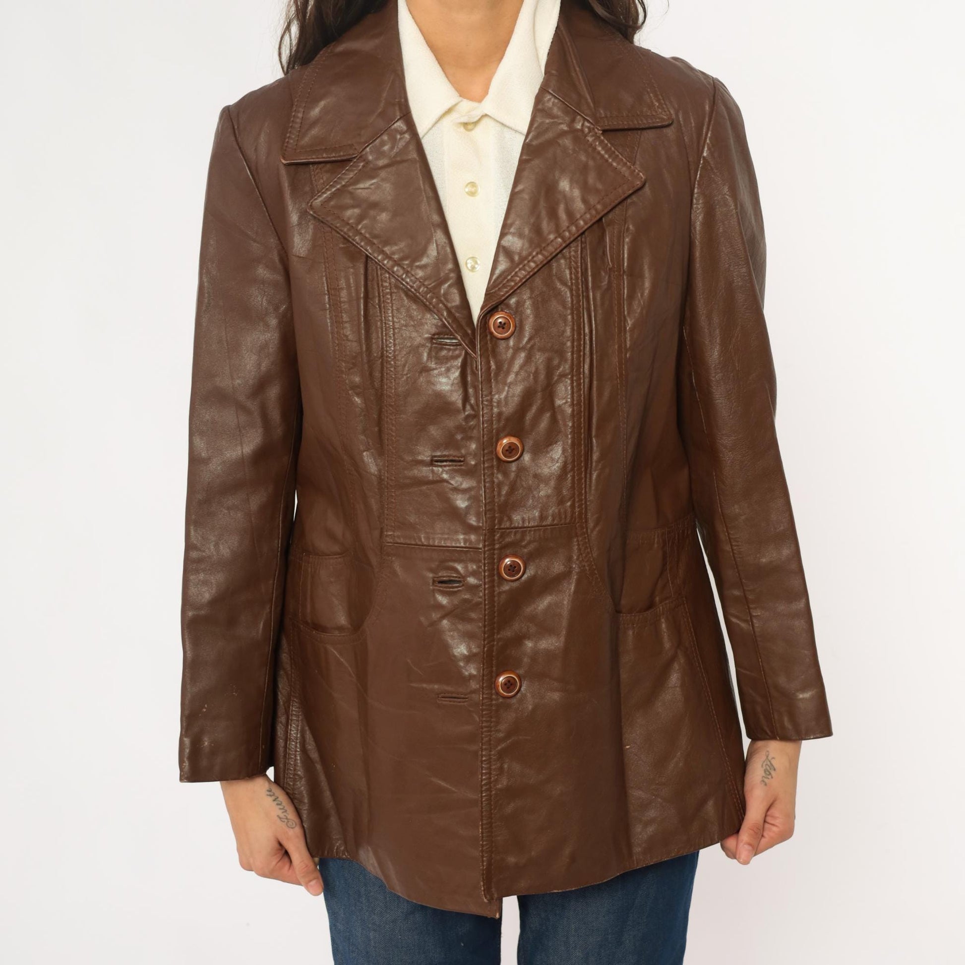 70s Brown Leather Jacket Notched Collar Braided Belt Detail Medium
