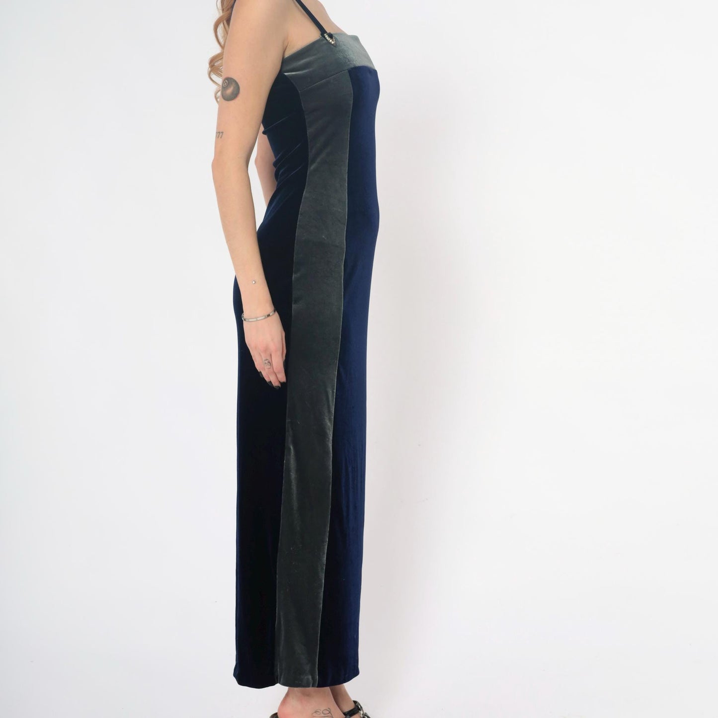 90s Navy Velvet Maxi Dress Spaghetti Strap Column Gold Hardware Medium M