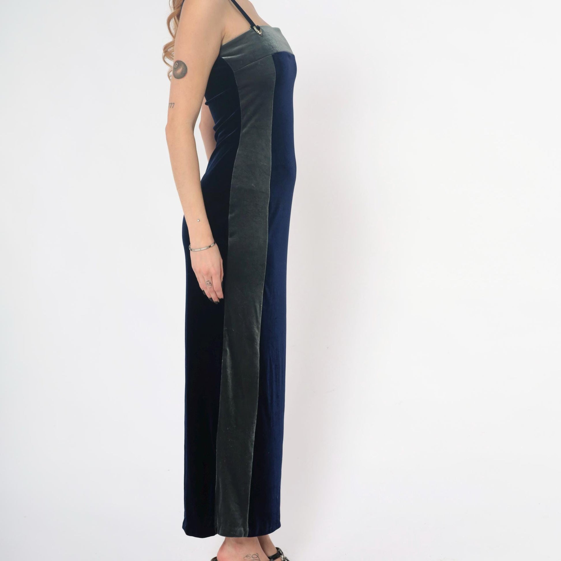 90s Navy Velvet Maxi Dress Spaghetti Strap Column Gold Hardware Medium M