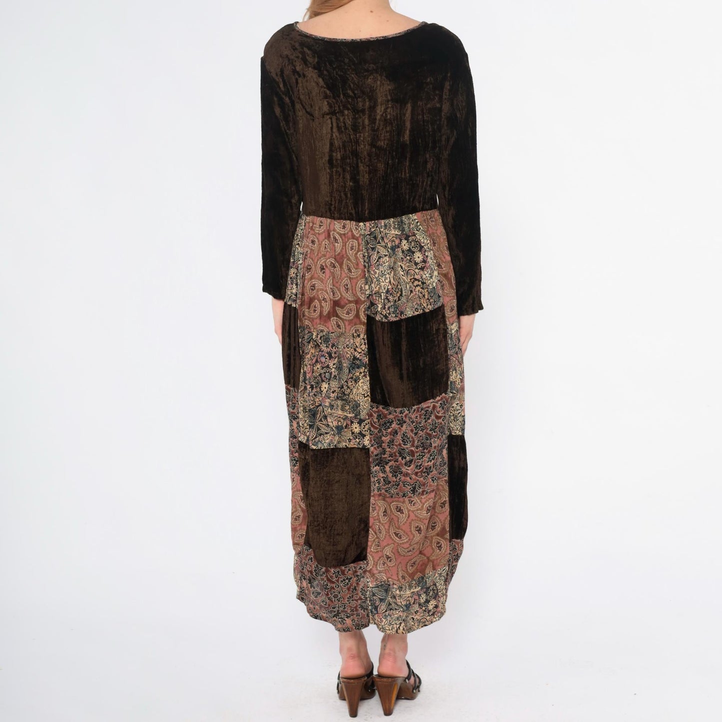 Y2K Bila Patchwork Velvet Maxi Dress Brown Paisley Rayon Small