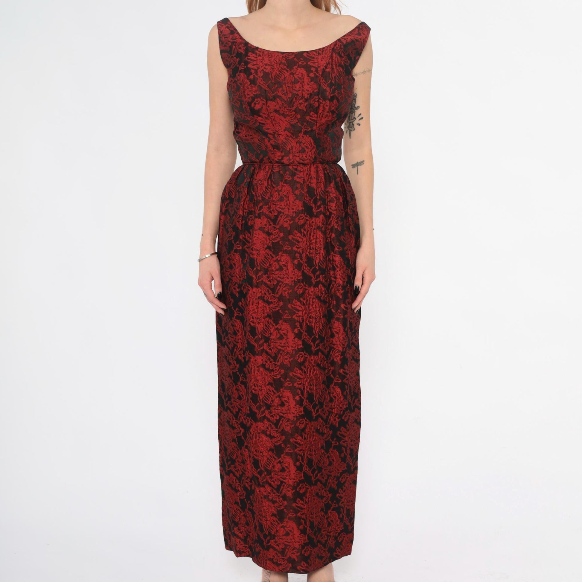 60s Red Black Brocade Empire Waist Evening Gown Floral Jacquard Sleeveless Extra Small
