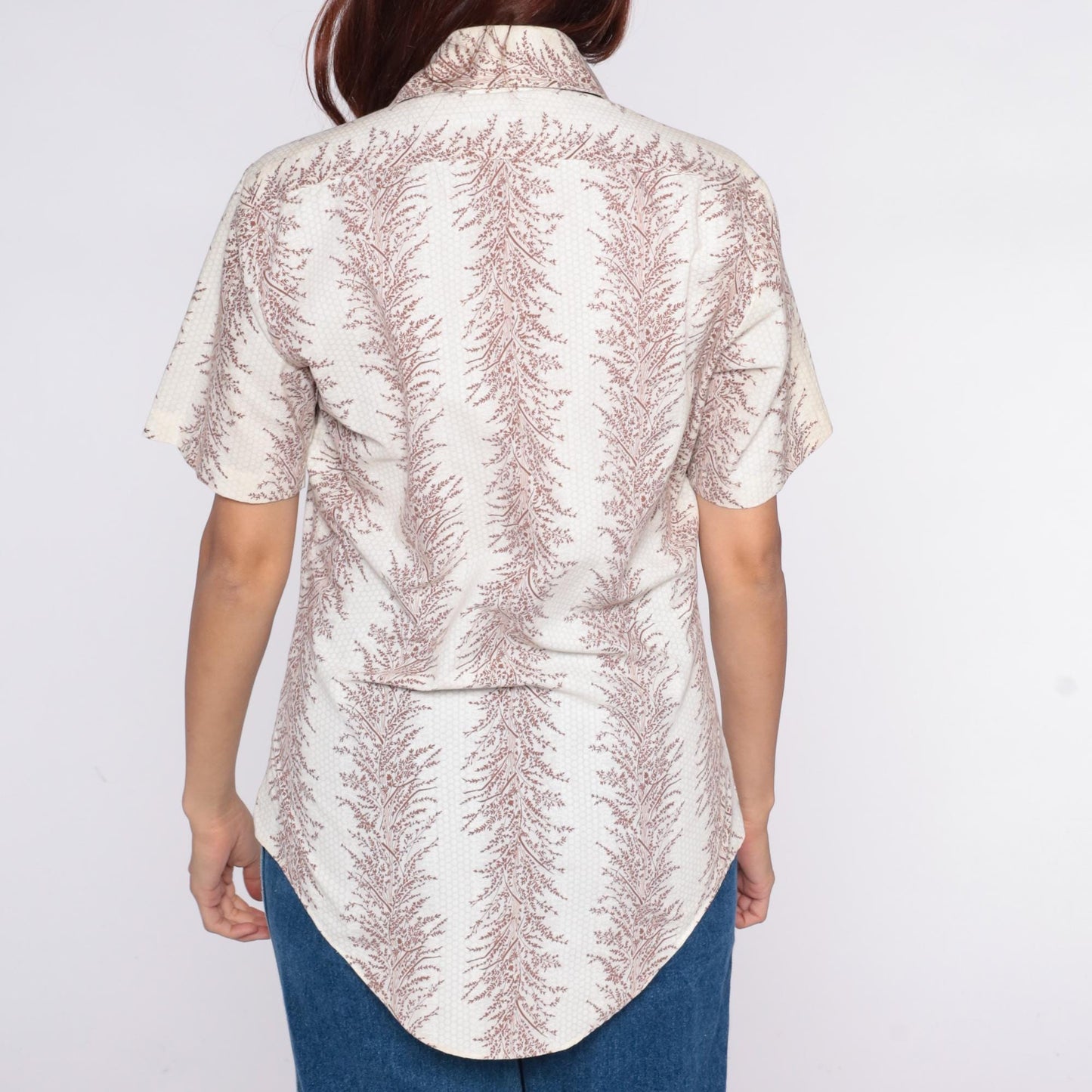 70s Jandy Place Fern Print Button-Up Blouse Cream Brown Short Sleeve Small
